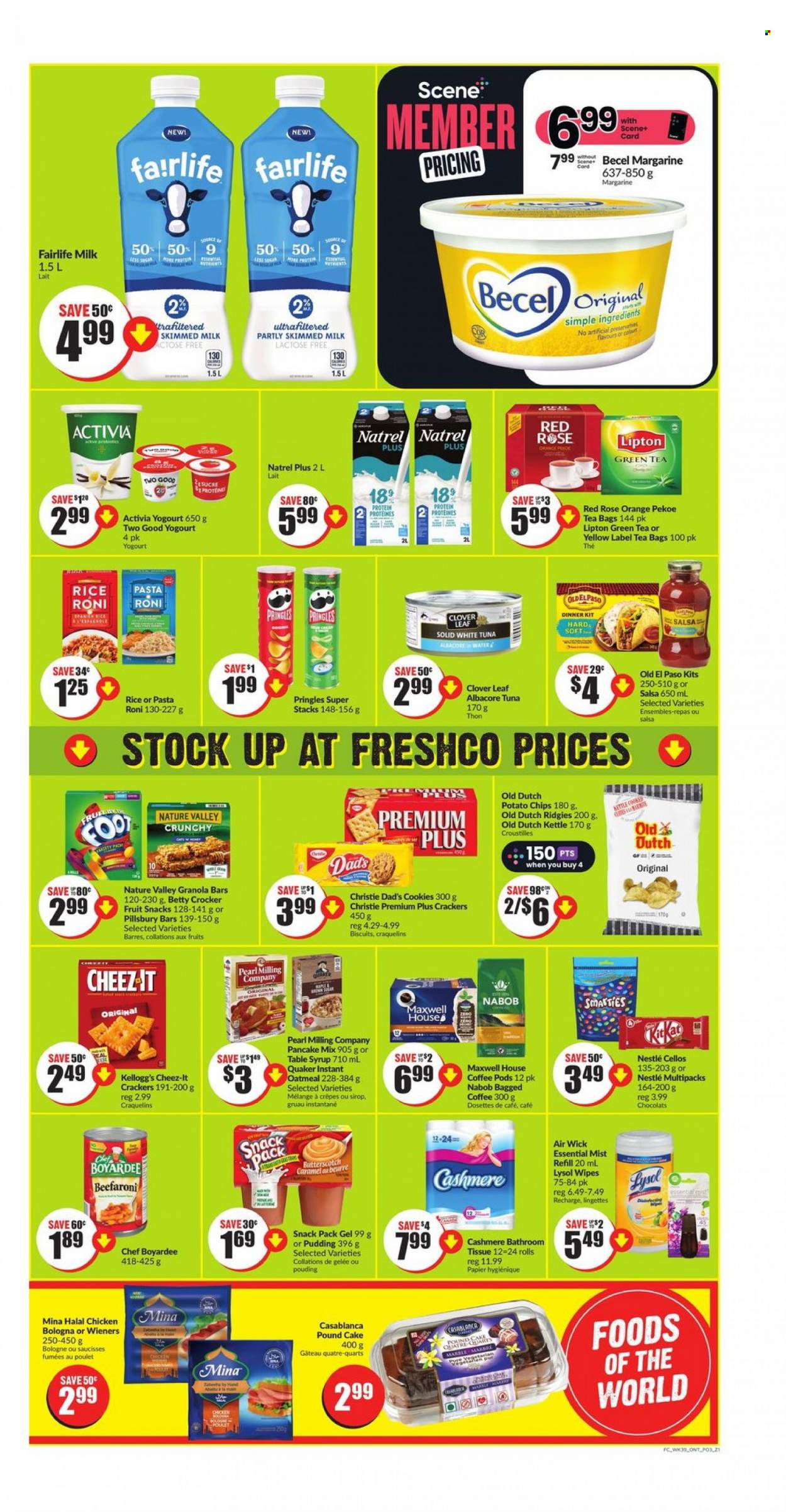 thumbnail - FreshCo. Flyer - January 26, 2023 - February 01, 2023 - Sales products - cake, Old El Paso, oranges, tuna, pancakes, Pillsbury, dinner kit, Quaker, bologna sausage, pudding, Clover, Activia, milk, margarine, butterscotch, cookies, crackers, Kellogg's, biscuit, fruit snack, potato chips, Pringles, chips, Cheez-It, oatmeal, Chef Boyardee, granola bar, Nature Valley, brown rice, caramel, salsa, syrup, green tea, Maxwell House, tea bags, coffee, coffee pods, bagged coffee, wine, rosé wine, bath tissue, wipes, Lysol, rose, probiotics, Nestlé, Lipton, Smarties. Page 3.