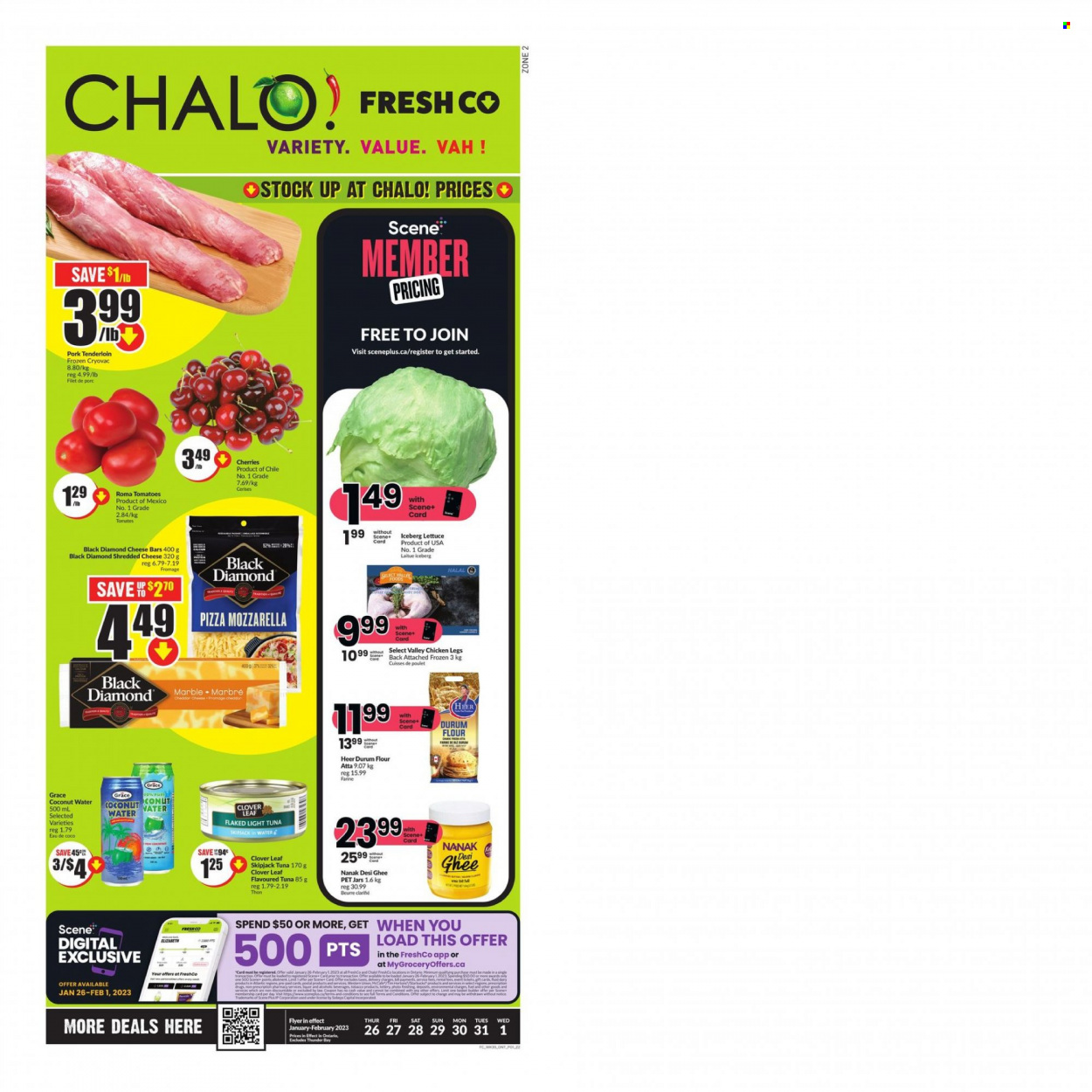 thumbnail - Chalo! FreshCo. Flyer - January 26, 2023 - February 01, 2023 - Sales products - lettuce, cherries, tuna, pizza, Clover, ghee, flour, light tuna, coconut water, chicken legs, chicken, pork meat, pork tenderloin. Page 1.