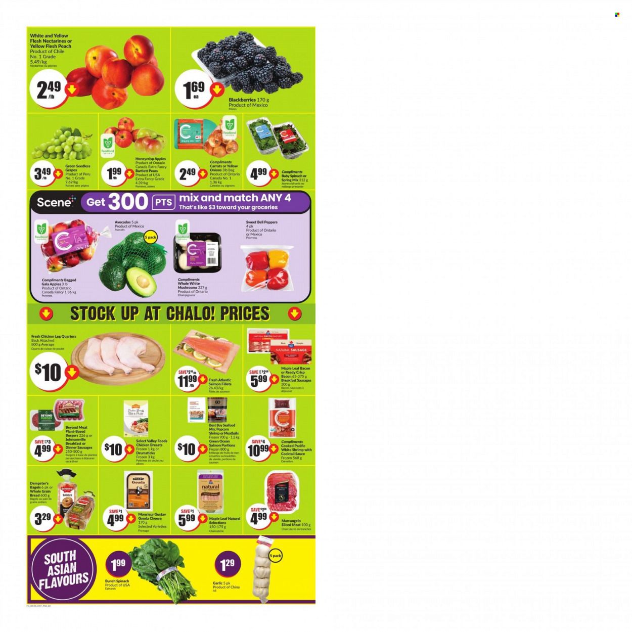 thumbnail - Chalo! FreshCo. Flyer - January 26, 2023 - February 01, 2023 - Sales products - mushrooms, bell peppers, garlic, peppers, apples, avocado, Bartlett pears, blackberries, Gala, nectarines, pears, salmon, salmon fillet, seafood, shrimps, meatballs, hamburger, sauce, bacon, Johnsonville, sausage, gouda, cheese, cocktail sauce, chicken legs. Page 2.