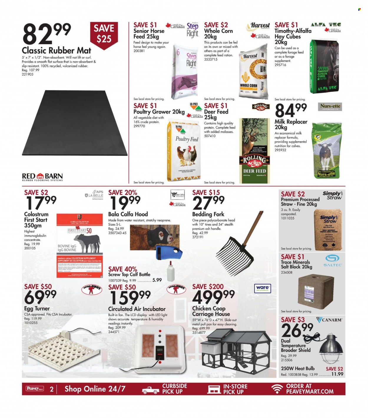 thumbnail - Peavey Mart Flyer - January 27, 2023 - February 02, 2023 - Sales products - rubber mat, fork, pan, straw, bulb, bedding, chicken coop, calf feeding bottle, Colostrum, air incubator. Page 2.