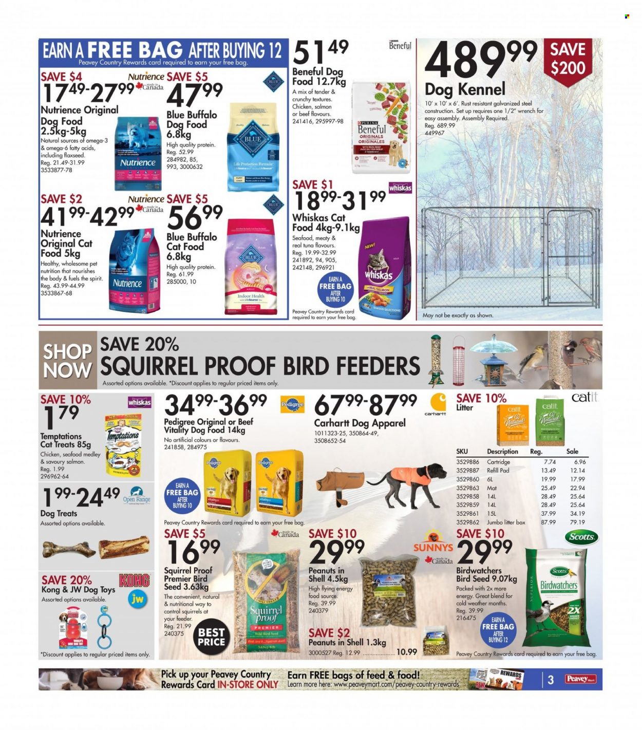 thumbnail - Peavey Mart Flyer - January 27, 2023 - February 02, 2023 - Sales products - animal food, dog apparel, feeder, dog toy, bird feeder, travel dog kennel, bird food, Blue Buffalo, cat food, dog food, Purina, Pedigree, wrench, plant seeds, Shell, Whiskas. Page 3.