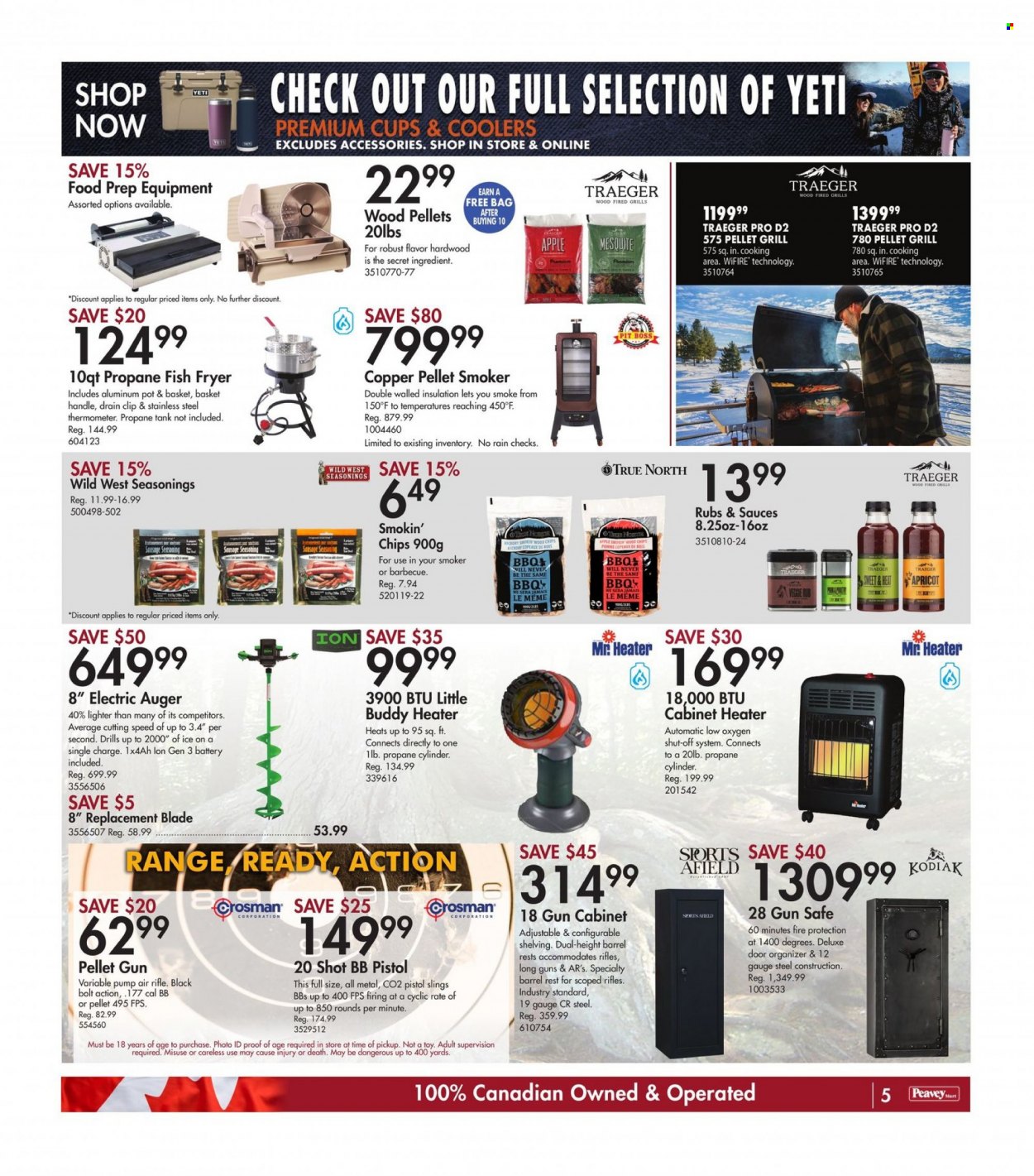 thumbnail - Peavey Mart Flyer - January 27, 2023 - February 02, 2023 - Sales products - basket, thermometer, pot, cup, tank, toys, heater, drill, cabinet, gun safe, propane tank, grill, smoker, pellet grill, pump, rifle, pistol. Page 6.
