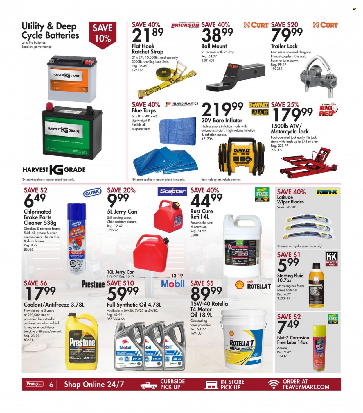 thumbnail - Peavey Mart Flyer - January 27, 2023 - February 02, 2023 - Sales products - battery, DeWALT, hammer, ratchet strap, receiver, strap, wiper blades, brake cleaner, cleaner, antifreeze, Mobil, motor oil, Rotella, Shell, Prestone, brake fluid, starting fluid, tarps, jerry can. Page 7.