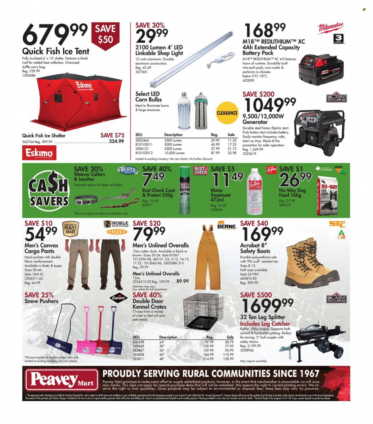 thumbnail - Peavey Mart Flyer - January 27, 2023 - February 02, 2023 - Sales products - canvas, bulb, animal food, travel dog kennel, dog food, coat, cargo pants, pants, carry bag, boots, shop light, Milwaukee, log splitter, generator, tent, ice fishing, ice shelter. Page 13.
