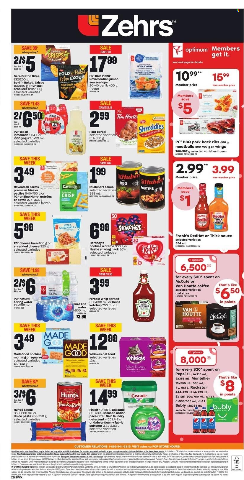 thumbnail - Zehrs Flyer - January 26, 2023 - February 01, 2023 - Sales products - Apple, scallops, spaghetti, pizza, meatballs, pasta, shredded cheese, yoghurt, Miracle Whip, Hershey's, potato fries, cookies, crackers, biscuit, cereals, lemonade, Pepsi, Rockstar, spring water, Evian, tea, coffee, McCafe, ribs, pork meat, pork ribs, pork back ribs, Gain, fabric softener, laundry detergent, Cascade, Downy Laundry, plate, animal food, cat food, Optimum, detergent, Nestlé, Heinz, ketchup, Whiskas, Smarties. Page 2.