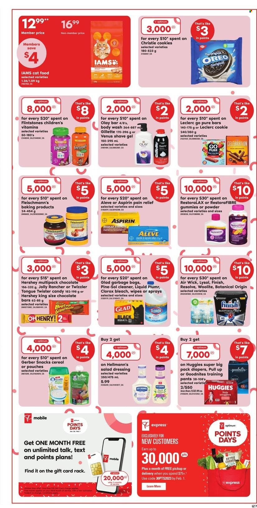 thumbnail - Zehrs Flyer - January 26, 2023 - February 01, 2023 - Sales products - apples, Hellmann’s, cookies, snack, Celebration, chocolate bar, Gerber, kettle, cereals, salad dressing, dressing, wipes, pants, nappies, cleaner, bleach, Lysol, Clorox, Woolite, Pine-Sol, body wash, Gillette, Olay, shave gel, Venus, Air Wick, animal food, cat food, Optimum, Iams, pain relief, Aleve, aspirin, Huggies, Oreo, Twister. Page 8.