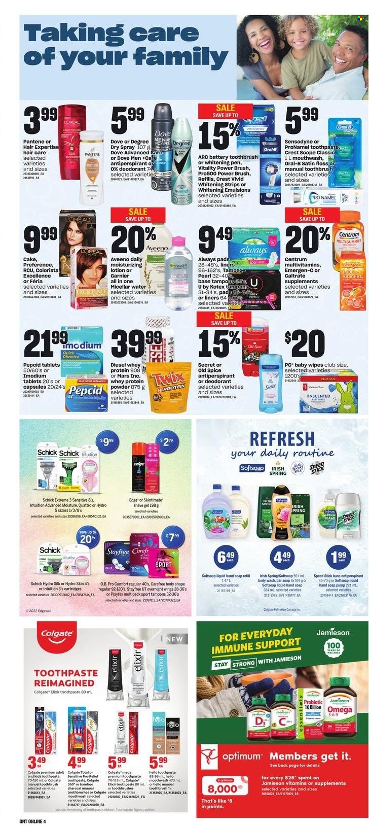 thumbnail - Zehrs Flyer - January 26, 2023 - February 01, 2023 - Sales products - cake, Silk, strips, Dove, Twix, Mars, spice, wipes, baby wipes, Aveeno, body wash, Softsoap, hand soap, Palmolive, soap bar, soap, toothbrush, toothpaste, mouthwash, Crest, Stayfree, Playtex, Always pads, Carefree, Kotex, tampons, L’Oréal, micellar water, Pantene, body lotion, anti-perspirant, Speed Stick, shave gel, Schick, pen, Optimum, multivitamin, vitamin c, Pepcid, Omega-3, Emergen-C, whey protein, Centrum, plaster, Colgate, Garnier, Tampax, Imodium, Old Spice, Oral-B, Sensodyne, deodorant. Page 12.