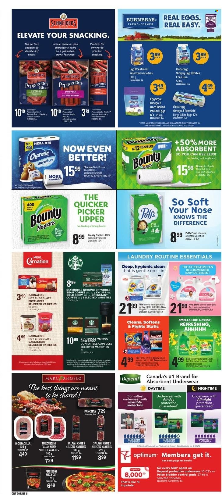 thumbnail - Zehrs Flyer - January 26, 2023 - February 01, 2023 - Sales products - Trust, puffs, peppers, pizza, mortadella, salami, sausage, pepperoni, eggs, snack, Bounty, hot chocolate, coffee, instant coffee, Nespresso, coffee capsules, Starbucks, K-Cups, napkins, bath tissue, Charmin, Gain, Tide, fabric softener, laundry detergent, Bounce, Downy Laundry, fragrance, envelope, Optimum, Omega-3, detergent, Nestlé, pancetta. Page 13.