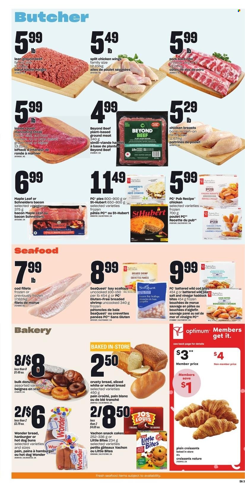 thumbnail - Dominion Flyer - January 26, 2023 - February 01, 2023 - Sales products - wheat bread, cake, pie, croissant, buns, donut, cod, scallops, haddock, seafood, shrimps, nuggets, hamburger, chicken nuggets, bacon, chicken wings, strips, chicken strips, snack, Little Bites, salt, vinegar, beef meat, ground beef, ribs, pork meat, pork ribs, pork back ribs, Optimum, steak. Page 4.