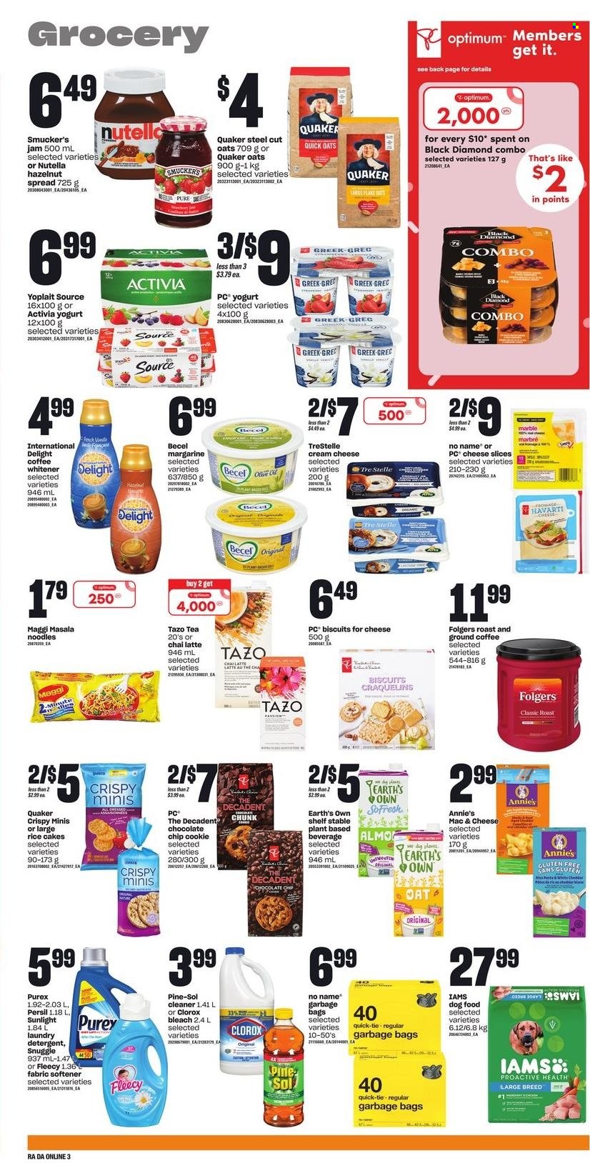 thumbnail - Dominion Flyer - January 26, 2023 - February 01, 2023 - Sales products - No Name, Quaker, noodles, Annie's, cream cheese, sliced cheese, Havarti, yoghurt, Activia, Yoplait, margarine, biscuit, oats, Maggi, Quick Oats, fruit jam, hazelnut spread, tea, Folgers, ground coffee, cleaner, bleach, Clorox, Pine-Sol, Snuggle, Persil, fabric softener, laundry detergent, Sunlight, Purex, bag, animal food, dog food, Optimum, Iams, paint, tent, detergent, Nutella. Page 11.