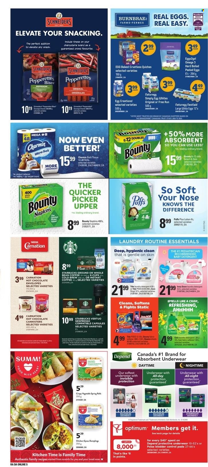thumbnail - Dominion Flyer - January 26, 2023 - February 01, 2023 - Sales products - Trust, puffs, dumplings, spring rolls, sausage, pepperoni, eggs, snack, Bounty, hot chocolate, coffee, instant coffee, Nespresso, coffee capsules, Starbucks, K-Cups, napkins, bath tissue, Charmin, Gain, Tide, fabric softener, laundry detergent, Bounce, envelope, Optimum, Omega-3, detergent. Page 14.