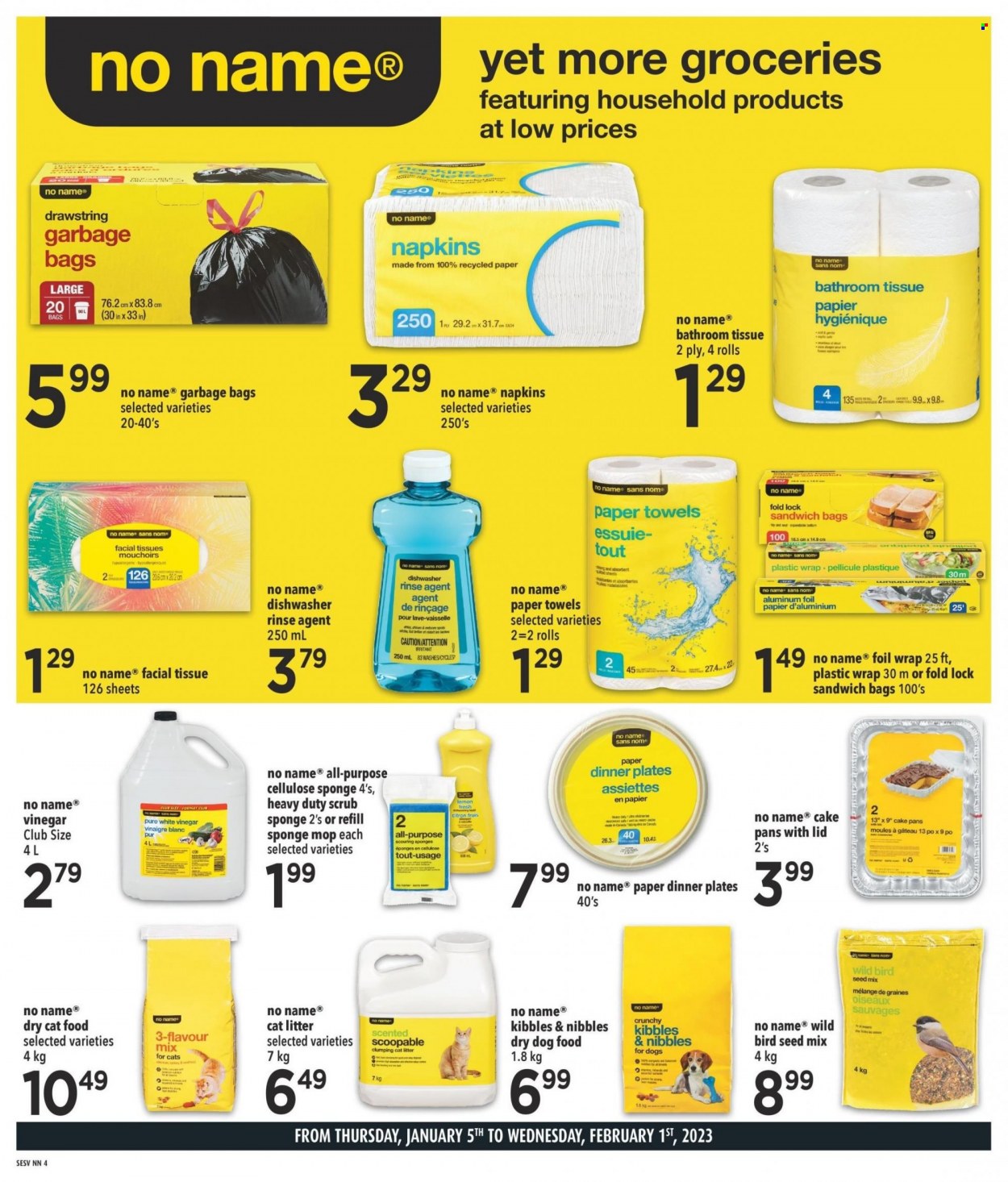 thumbnail - Freshmart Flyer - January 26, 2023 - February 01, 2023 - Sales products - cake, No Name, vinegar, napkins, bath tissue, kitchen towels, paper towels, facial tissues, bag, animal food, cat litter, dry dog food, bird food, cat food, dog food, dry cat food. Page 8.