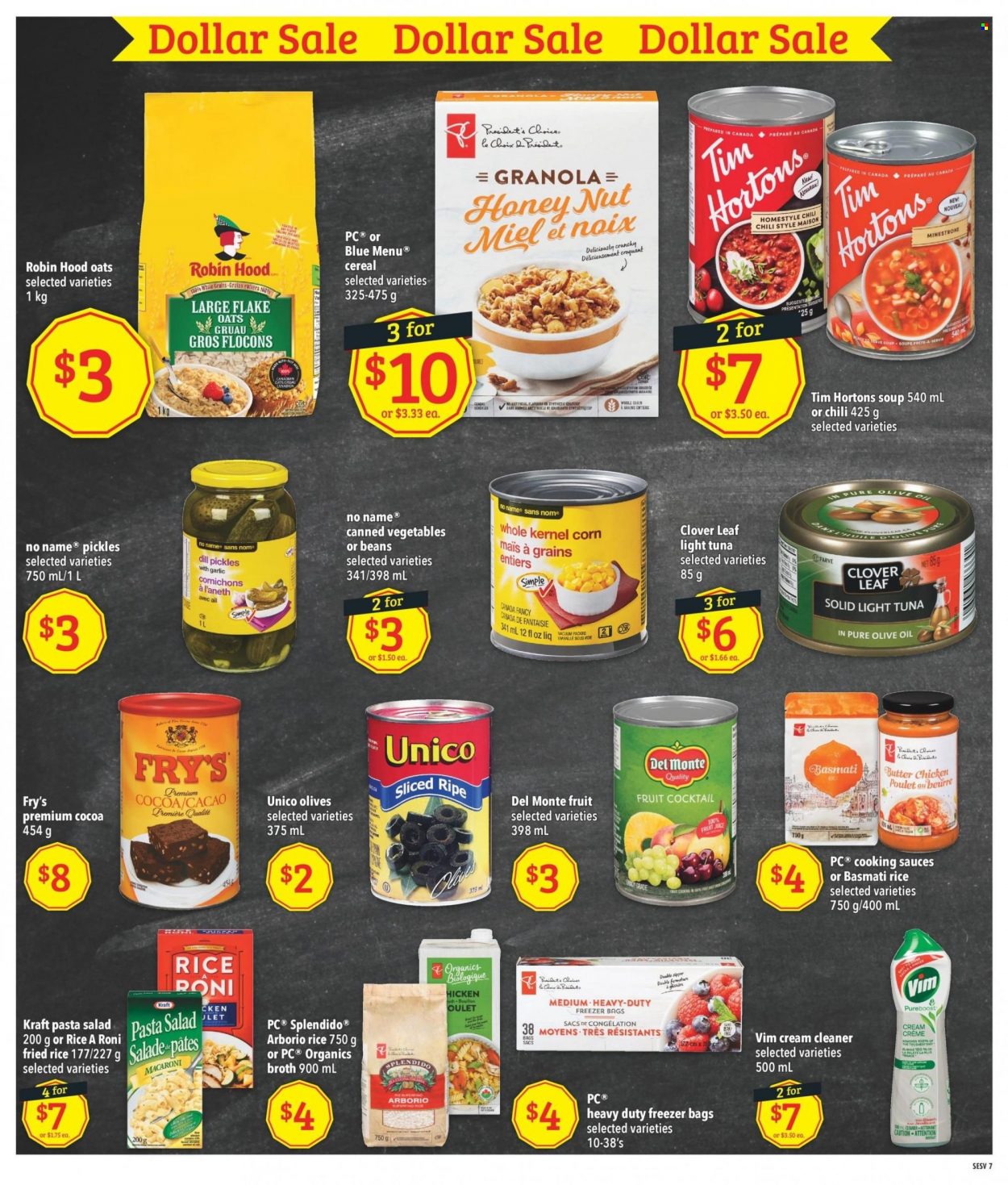 thumbnail - Freshmart Flyer - January 26, 2023 - February 01, 2023 - Sales products - beans, corn, tuna, No Name, macaroni, soup, pasta, Kraft®, pasta salad, Président, Clover, bouillon, cocoa, oats, broth, pickles, canned vegetables, light tuna, Del Monte, cereals, basmati rice, dill, olive oil, oil, cream cleaner, cleaner, PREMIERE, granola, olives. Page 11.