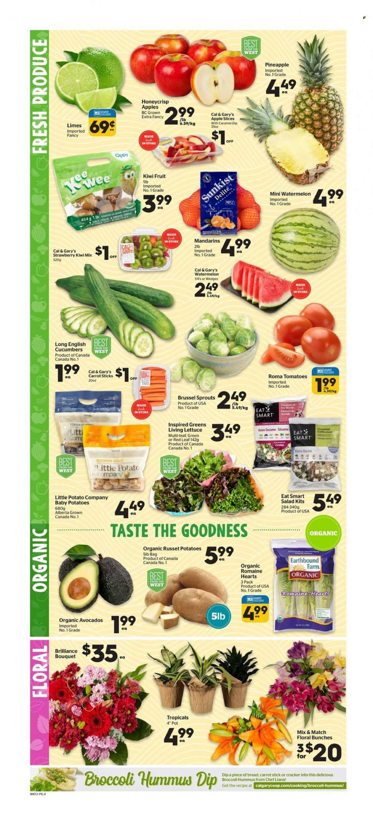 thumbnail - Calgary Co-op Flyer - January 26, 2023 - February 01, 2023 - Sales products - broccoli, cucumber, russet potatoes, tomatoes, potatoes, brussel sprouts, apples, avocado, limes, mandarines, watermelon, pineapple, bacon, hummus, crackers, caramel, brush, kiwi. Page 4.