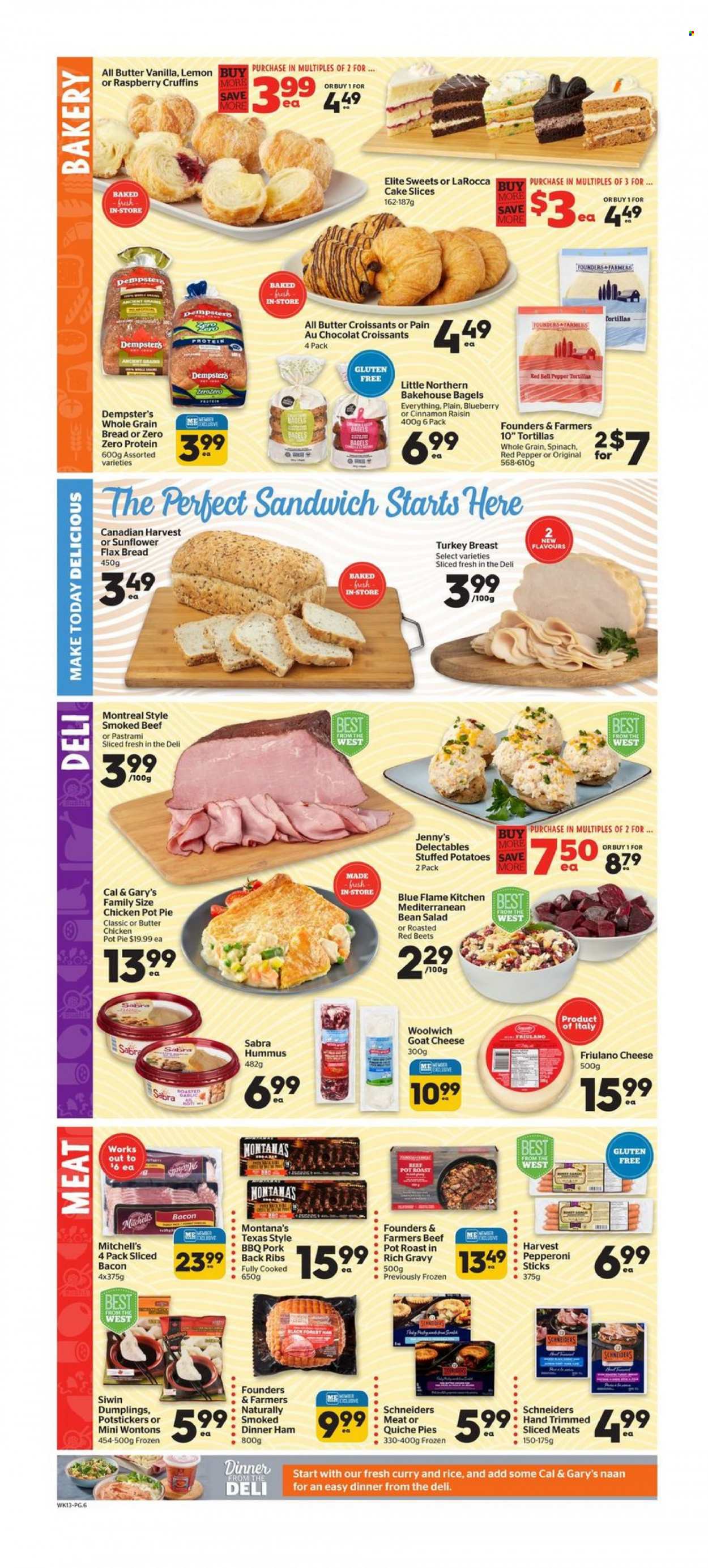 thumbnail - Calgary Co-op Flyer - January 26, 2023 - February 01, 2023 - Sales products - bagels, bread, tortillas, cake, pie, croissant, pot pie, bell peppers, potatoes, sandwich, dumplings, bacon, ham, pastrami, pepperoni, hummus, goat cheese, cheese, quiche, rice, turkey, ribs, pork meat, pork ribs, pork back ribs, brush. Page 8.