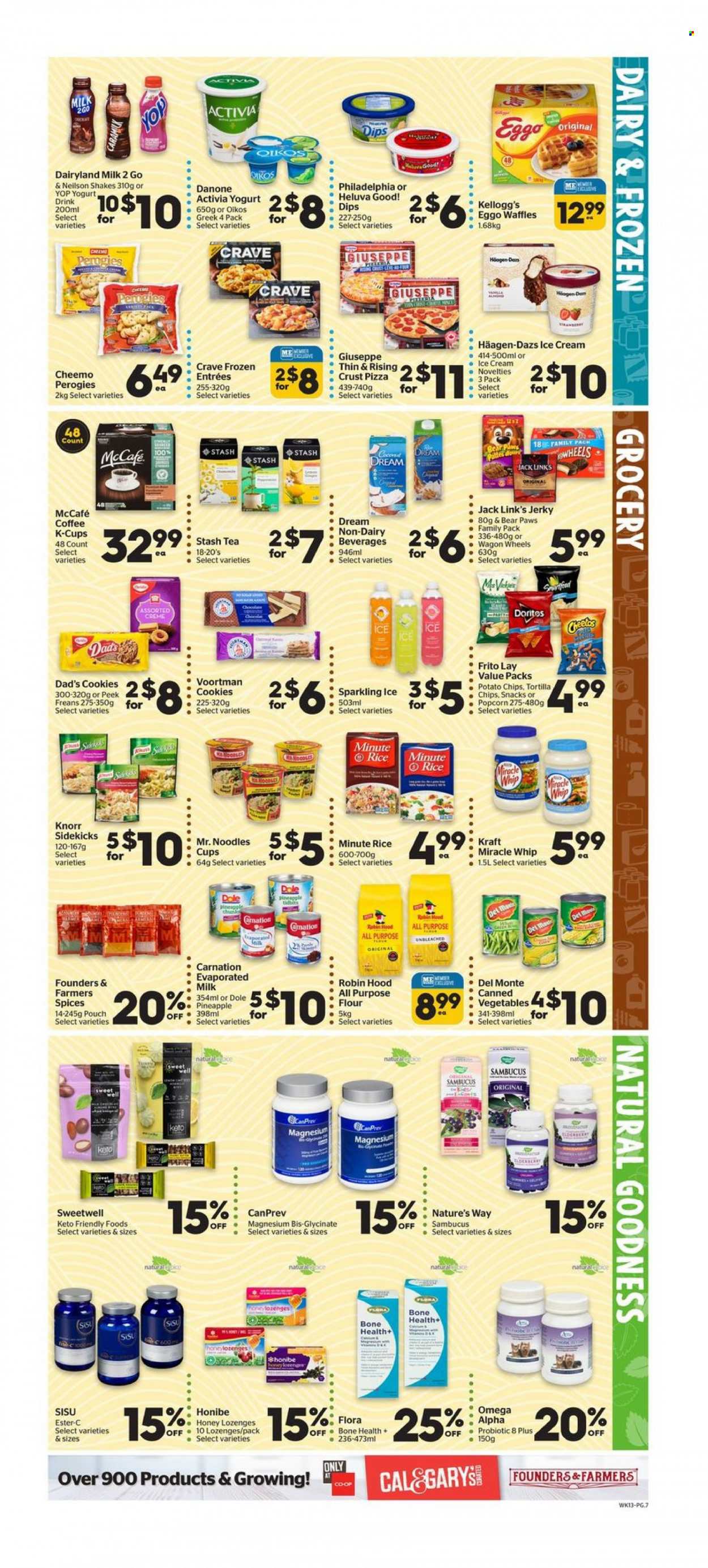 thumbnail - Calgary Co-op Flyer - January 26, 2023 - February 01, 2023 - Sales products - waffles, Dole, pineapple, pizza, noodles, Kraft®, jerky, yoghurt, Activia, Oikos, evaporated milk, shake, Flora, Miracle Whip, ice cream, Häagen-Dazs, cookies, snack, Kellogg's, tortilla chips, potato chips, Cheetos, popcorn, Jack Link's, all purpose flour, canned vegetables, Del Monte, rice, tea, coffee capsules, McCafe, K-Cups, Paws, Ester-c, magnesium, Philadelphia, Danone, Knorr. Page 9.