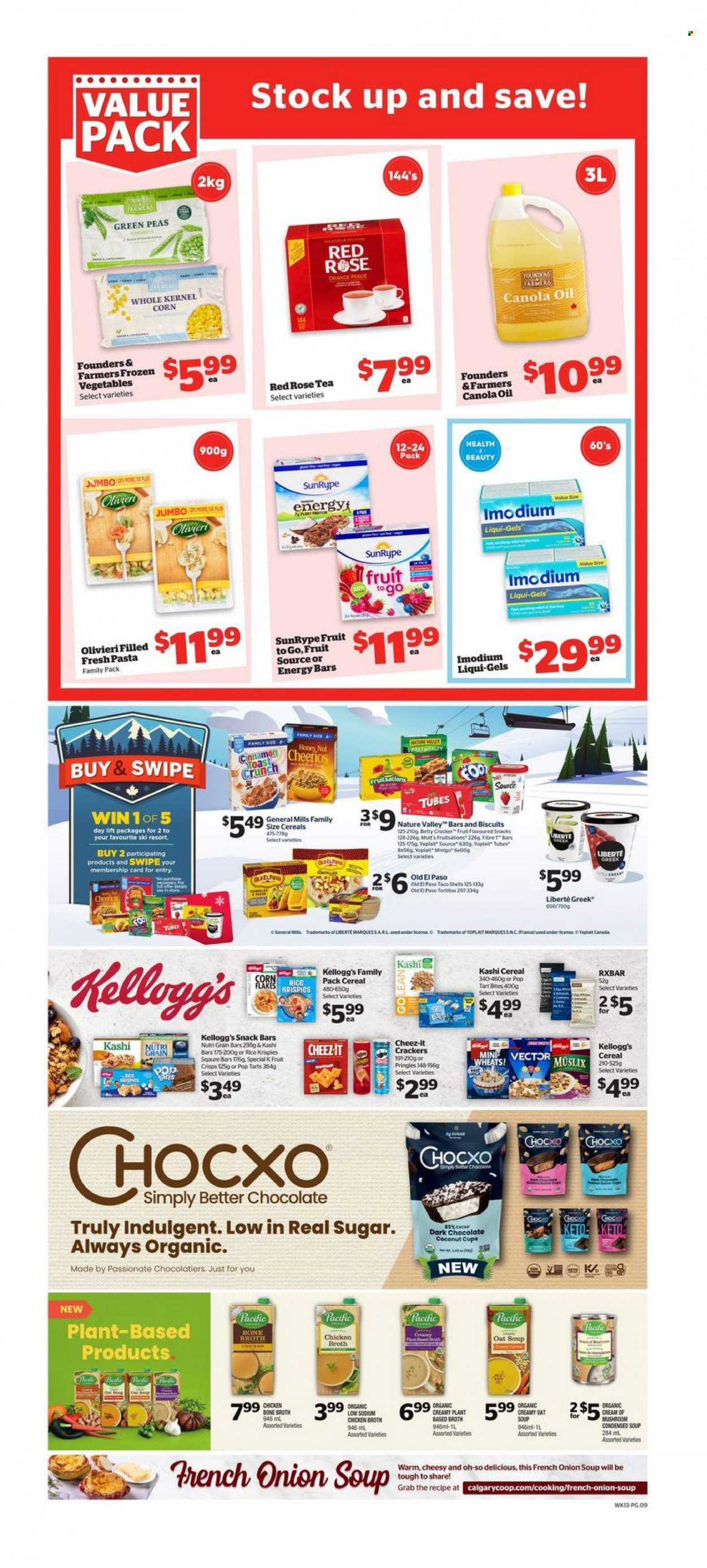 thumbnail - Calgary Co-op Flyer - January 26, 2023 - February 01, 2023 - Sales products - tortillas, Old El Paso, corn, pears, coconut, oranges, Mott's, onion soup, condensed soup, soup, instant soup, Yoplait, frozen vegetables, chocolate, snack, crackers, Kellogg's, biscuit, dark chocolate, Pop-Tarts, snack bar, Pringles, Cheez-It, sugar, chicken broth, oats, broth, cereals, Cheerios, Rice Krispies, energy bar, Nature Valley, Nutri-Grain, rice flakes, cinnamon, canola oil, oil, tea, wine, rosé wine, TRULY, beer, Mum, Imodium. Page 13.