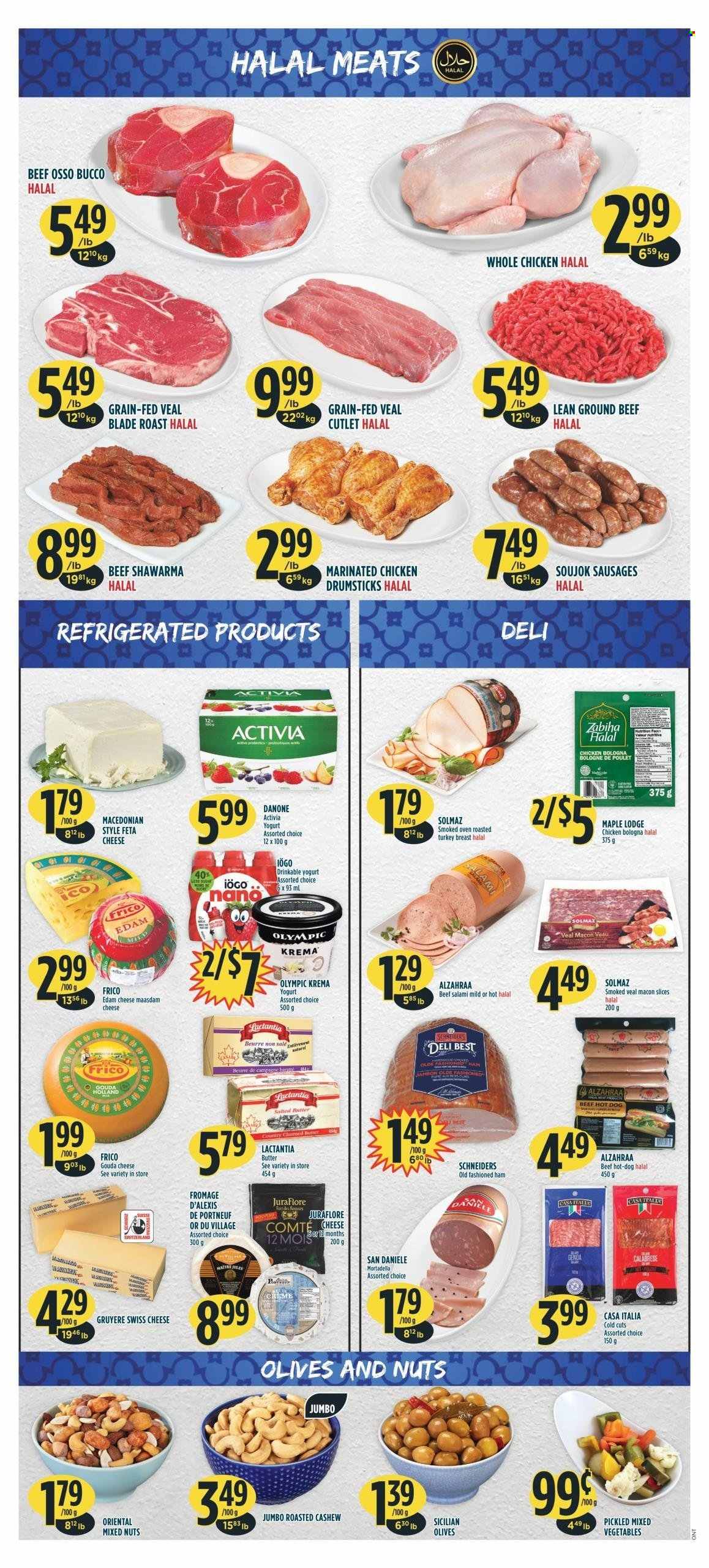 thumbnail - Adonis Flyer - January 26, 2023 - February 01, 2023 - Sales products - hot dog, mortadella, salami, ham, bologna sausage, sausage, edam cheese, gouda, Gruyere, swiss cheese, cheese, feta, Maasdam, yoghurt, Activia, butter, salted butter, mixed vegetables, mixed nuts, whole chicken, chicken, marinated chicken, beef meat, ground beef, veal cutlet, veal meat, olives, Danone. Page 3.