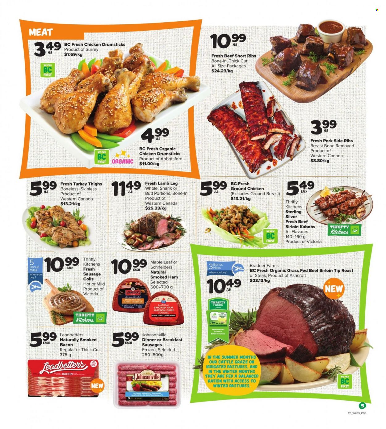 thumbnail - Thrifty Foods Flyer - January 26, 2023 - February 01, 2023 - Sales products - roast, ham, smoked ham, Johnsonville, sausage, bacon sausage, ground chicken, chicken drumsticks, chicken, turkey, turkey thigh, meat skewer, beef meat, beef ribs, beef sirloin, steak, ribs, pork meat, pork ribs, lamb meat, lamb leg. Page 5.