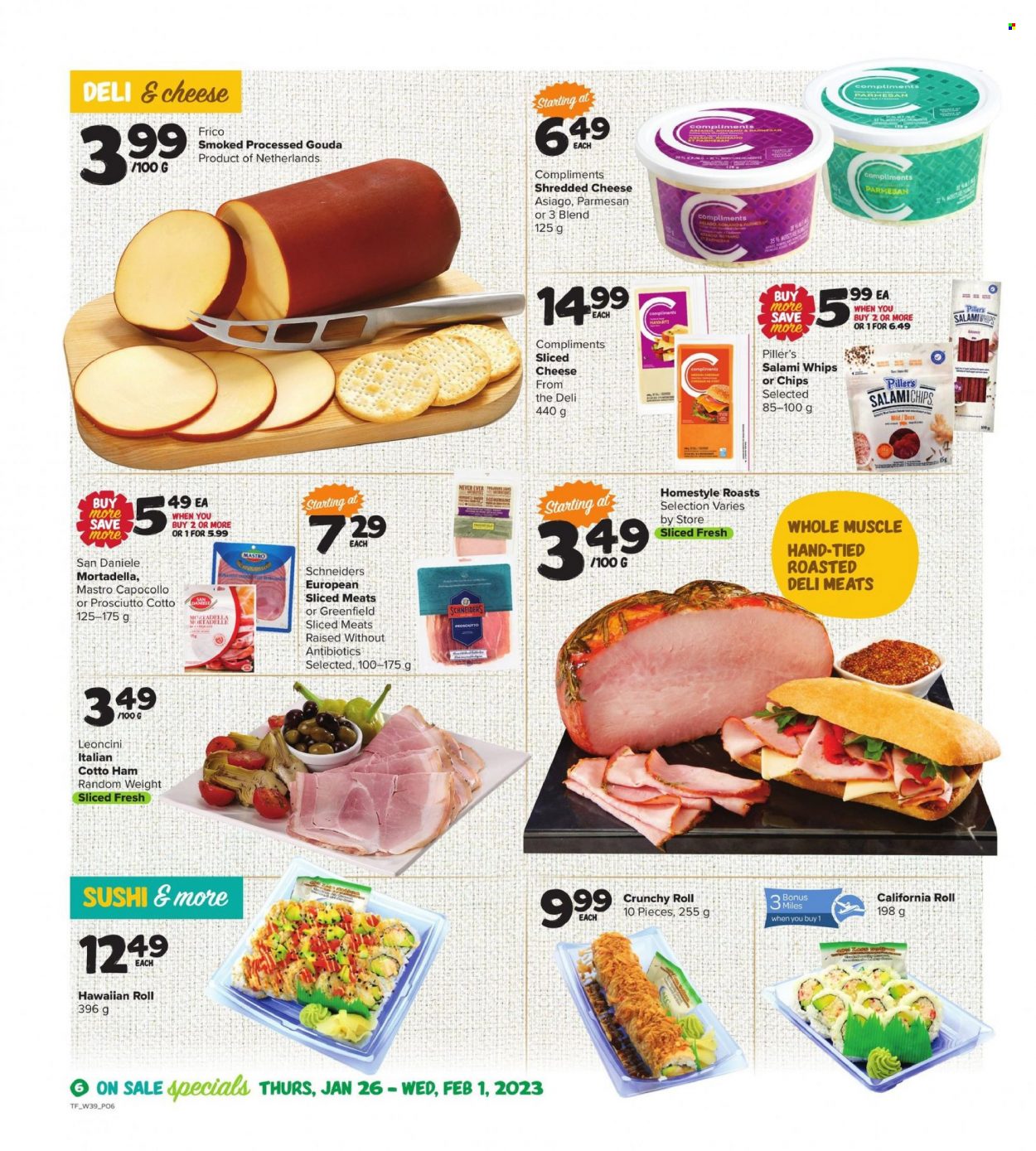 thumbnail - Thrifty Foods Flyer - January 26, 2023 - February 01, 2023 - Sales products - mortadella, salami, ham, asiago, gouda, shredded cheese, sliced cheese, Havarti, parmesan, chips. Page 6.