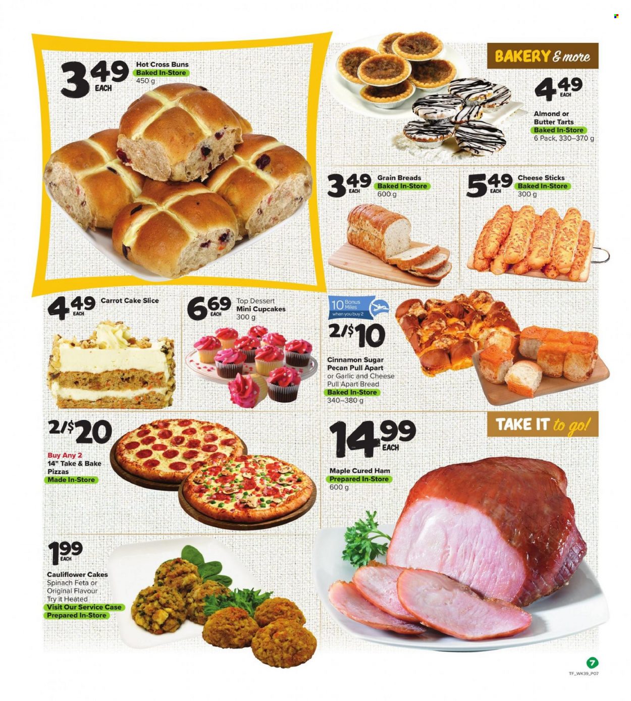 thumbnail - Thrifty Foods Flyer - January 26, 2023 - February 01, 2023 - Sales products - bread, cake, buns, cupcake, cauliflower, garlic, pizza, ham, feta, cheese sticks, sugar, cinnamon. Page 7.