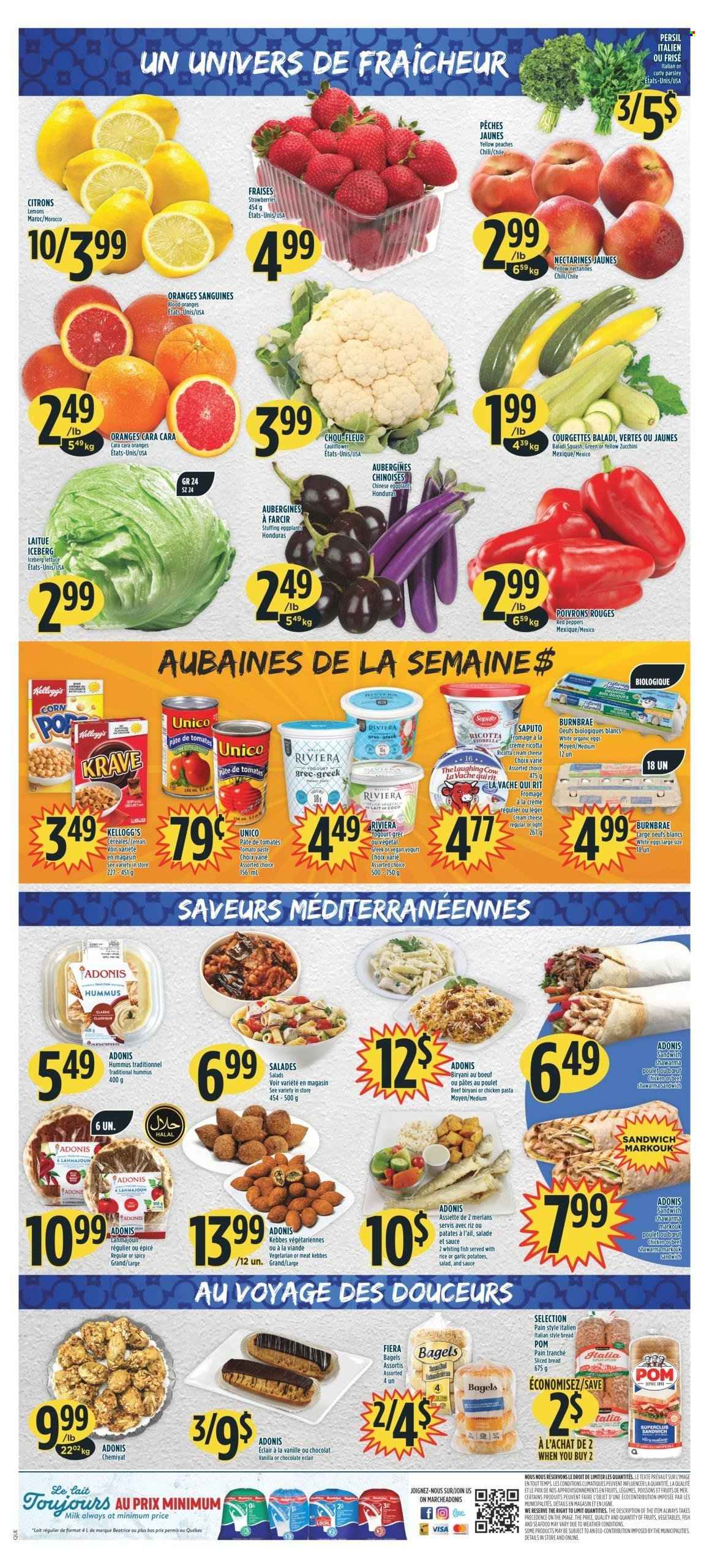 thumbnail - Adonis Flyer - January 26, 2023 - February 01, 2023 - Sales products - bagels, bread, cauliflower, corn, garlic, zucchini, potatoes, parsley, lettuce, peppers, eggplant, red peppers, nectarines, strawberries, oranges, lemons, peaches, seafood, whiting, sandwich, pasta, sauce, hummus, cheese, The Laughing Cow, yoghurt, milk, eggs, Kellogg's, tomato paste, Persil, ricotta. Page 2.