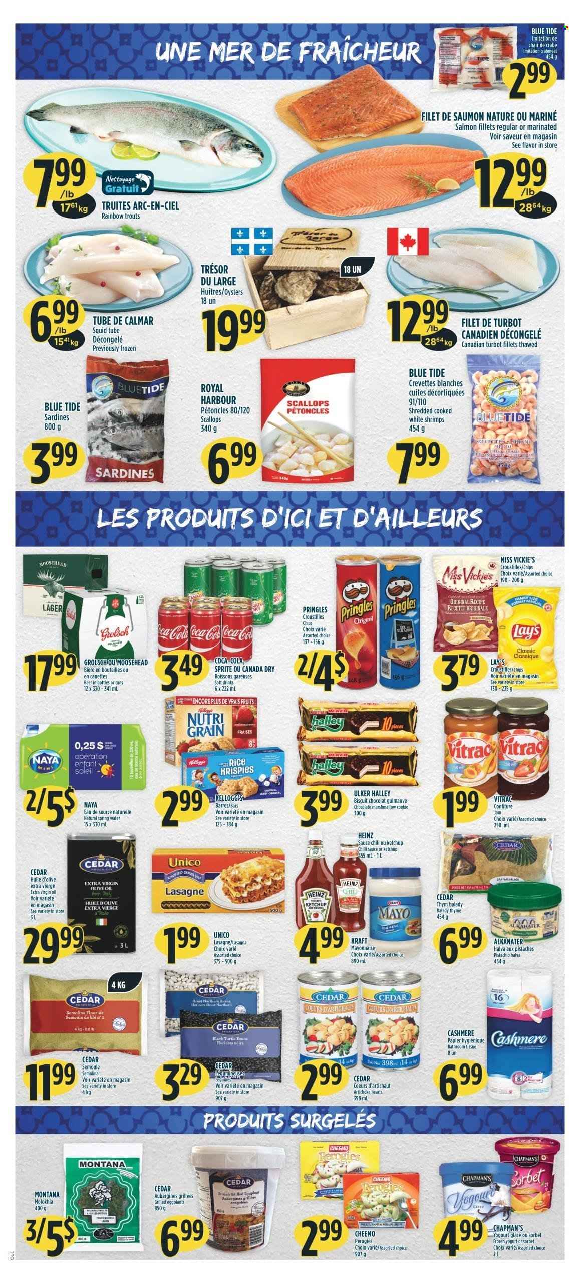 thumbnail - Adonis Flyer - January 26, 2023 - February 01, 2023 - Sales products - beans, eggplant, crab meat, salmon, salmon fillet, sardines, scallops, squid, oysters, turbot, shrimps, lasagna meal, Kraft®, yoghurt, mayonnaise, marshmallows, chocolate, biscuit, Pringles, Lay’s, flour, semolina, Rice Krispies, Nutri-Grain, chilli sauce, extra virgin olive oil, olive oil, oil, fruit jam, Canada Dry, Coca-Cola, Sprite, soft drink, spring water, beer, Grolsch, Lager, bath tissue, Tide, Heinz, ketchup. Page 4.