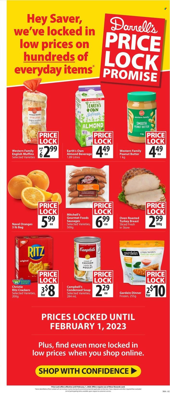 thumbnail - Save-On-Foods Flyer - January 26, 2023 - February 01, 2023 - Sales products - english muffins, oranges, navel oranges, Campbell's, condensed soup, soup, instant soup, sausage, cheddar, cheese, crackers, RITZ. Page 2.