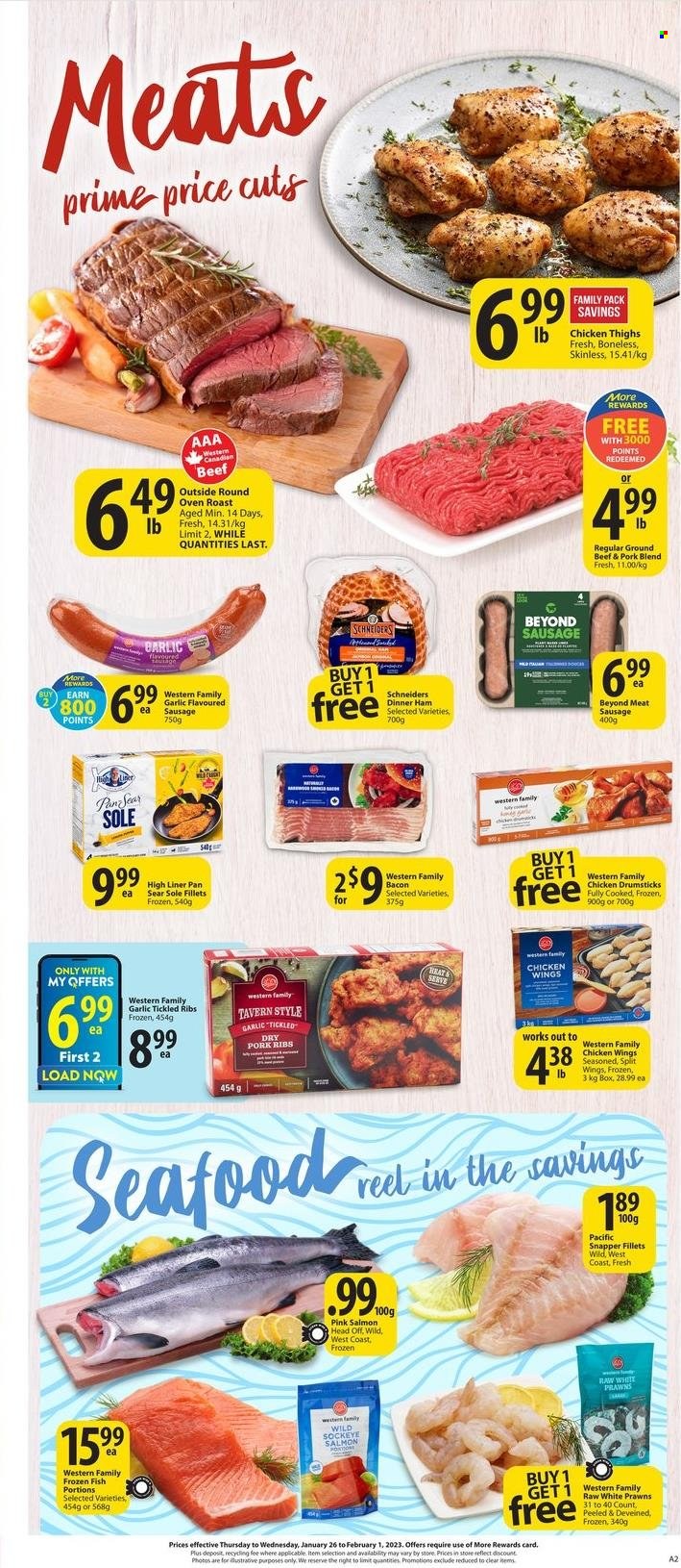 thumbnail - Save-On-Foods Flyer - January 26, 2023 - February 01, 2023 - Sales products - garlic, salmon, seafood, prawns, fish, bacon, ham, sausage, chicken wings, chicken thighs, chicken drumsticks, chicken, beef meat, ground beef, ribs, pork meat, pork ribs, pan. Page 4.