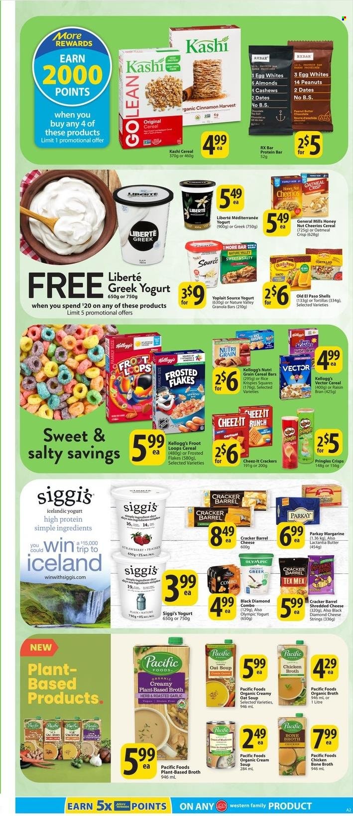 thumbnail - Save-On-Foods Flyer - January 26, 2023 - February 01, 2023 - Sales products - tortillas, Old El Paso, soup, shredded cheese, greek yoghurt, yoghurt, Yoplait, eggs, margarine, chocolate, cereal bar, crackers, Kellogg's, Pringles, Cheez-It, chicken broth, oatmeal, oats, broth, cereals, Cheerios, protein bar, granola bar, Rice Krispies, Frosted Flakes, Raisin Bran, Nature Valley, Nutri-Grain, cinnamon, peanut butter, peanuts. Page 12.