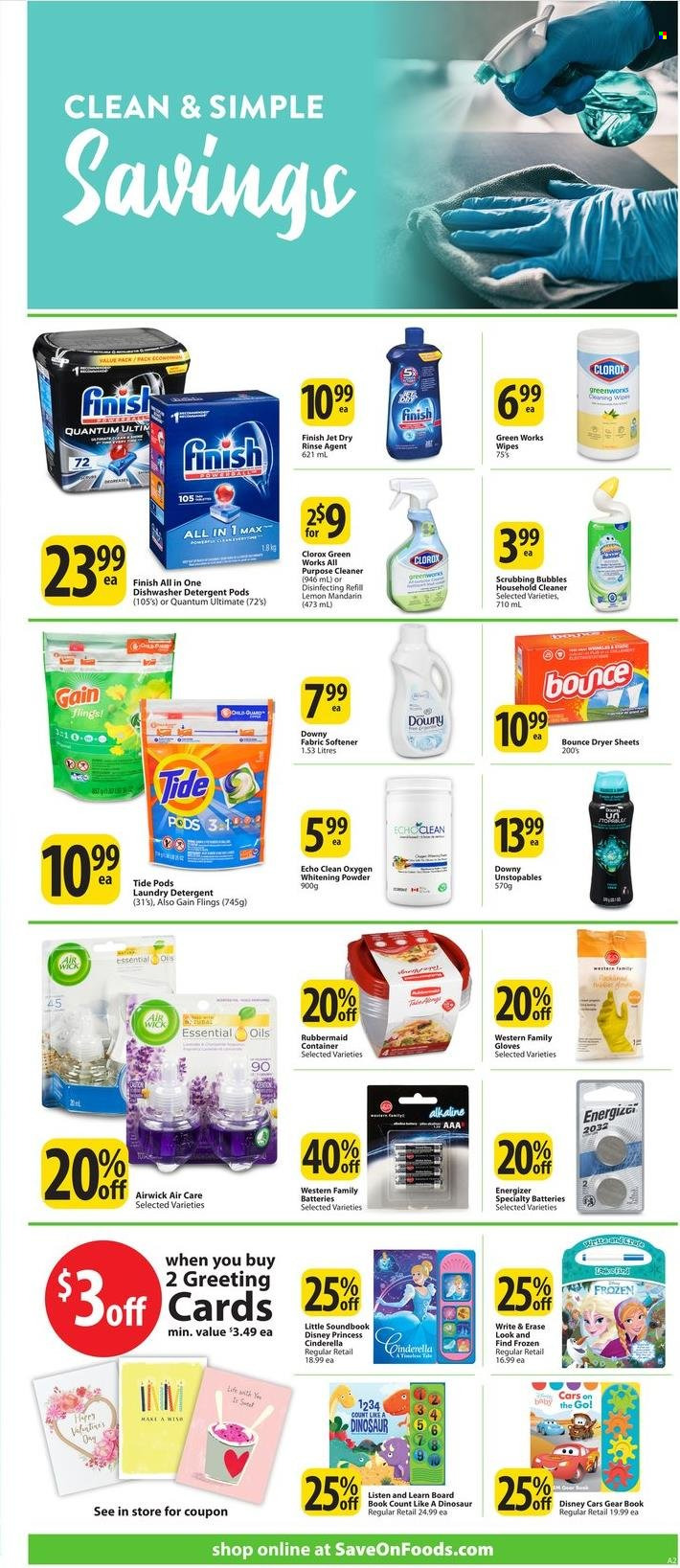 thumbnail - Save-On-Foods Flyer - January 26, 2023 - February 01, 2023 - Sales products - mandarines, Disney, wipes, Gain, Scrubbing Bubbles, cleaner, all purpose cleaner, Clorox, Tide, Unstopables, fabric softener, laundry detergent, whitening powder, Bounce, dryer sheets, Downy Laundry, Jet, container, Go!, gloves, detergent, Energizer. Page 16.
