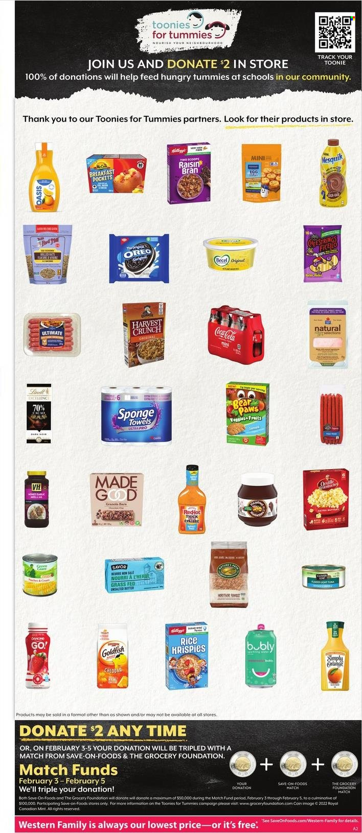 thumbnail - Save-On-Foods Flyer - January 26, 2023 - February 01, 2023 - Sales products - tuna, Quaker, string cheese, cheese, eggs, Goldfish, granola bar, Rice Krispies, Coca-Cola, Go!, Oreo, Nesquik. Page 18.