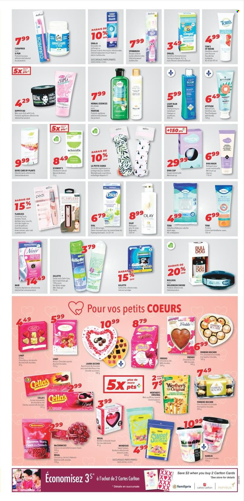 thumbnail - Familiprix Extra Flyer - January 26, 2023 - February 01, 2023 - Sales products - Dove, chocolate, cinnamon, Camel, Dial, Gillette, Olay, conditioner, Pantene, Herbal Essences, anti-perspirant, shampoo, Oral-B, Lindt, Ferrero Rocher, deodorant. Page 9.