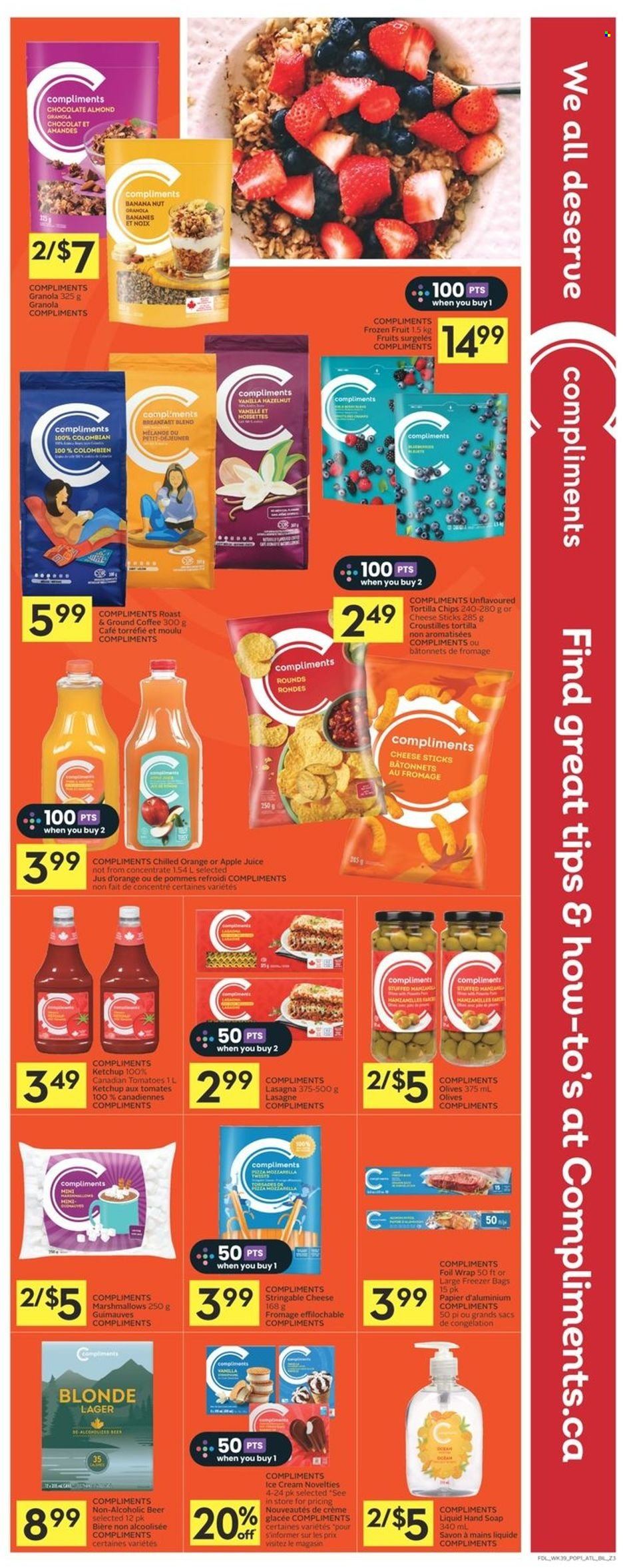thumbnail - Co-op Flyer - January 26, 2023 - February 01, 2023 - Sales products - Ace, tomatoes, oranges, lasagna meal, ice cream, cheese sticks, marshmallows, tortilla chips, apple juice, juice, coffee, ground coffee, beer, Lager, hand soap, soap, bag, granola, ketchup, olives. Page 3.