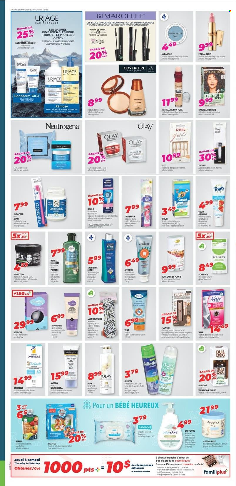 thumbnail - Familiprix Flyer - January 26, 2023 - February 01, 2023 - Sales products - Dove, Gerber, oil, Aveeno, Playtex, Gillette, L’Oréal, Olay, beard oil, Pantene, Herbal Essences, makeup, Maybelline, Neutrogena, shampoo, Oral-B. Page 3.