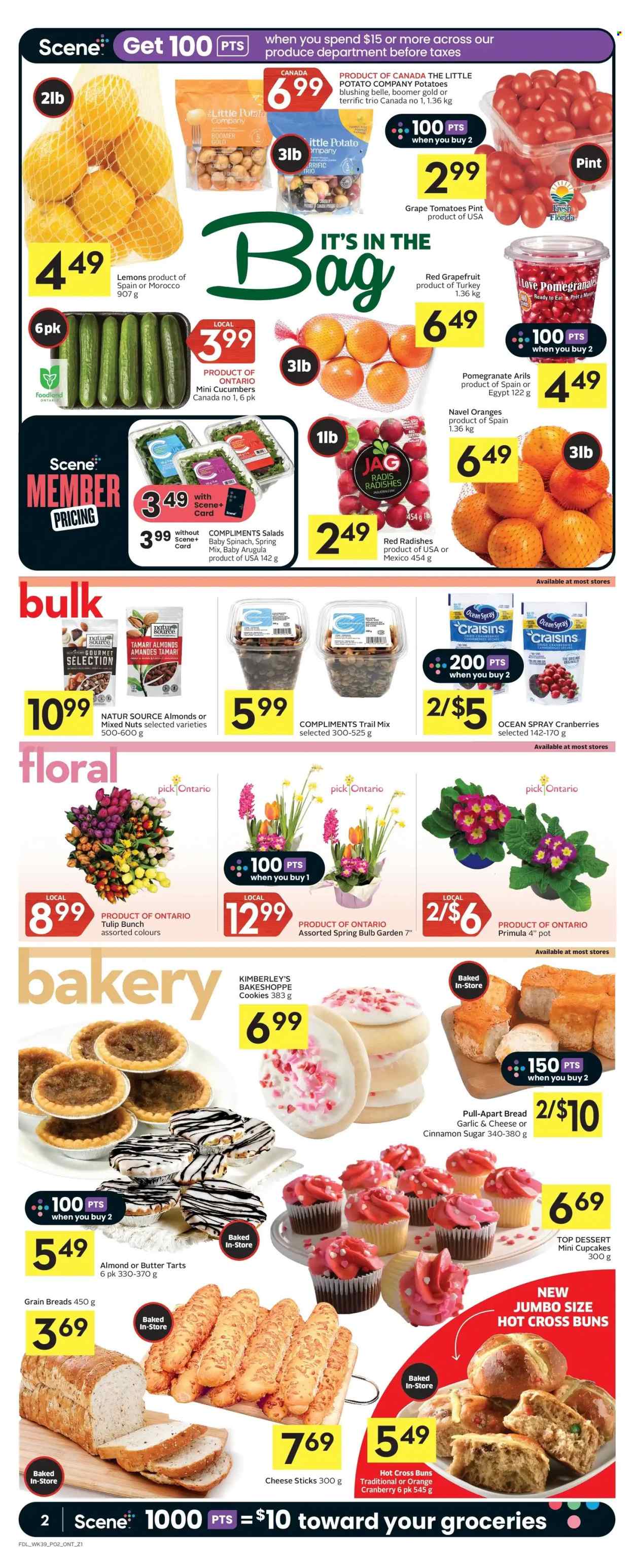 thumbnail - Foodland Flyer - January 26, 2023 - February 01, 2023 - Sales products - bread, buns, cupcake, arugula, cucumber, radishes, spinach, tomatoes, potatoes, grapefruits, oranges, pomegranate, lemons, navel oranges, cheese sticks, cookies, sugar, craisins, cranberries, cinnamon, almonds, dried fruit, mixed nuts, trail mix, Fanta, pot, primroses. Page 2.