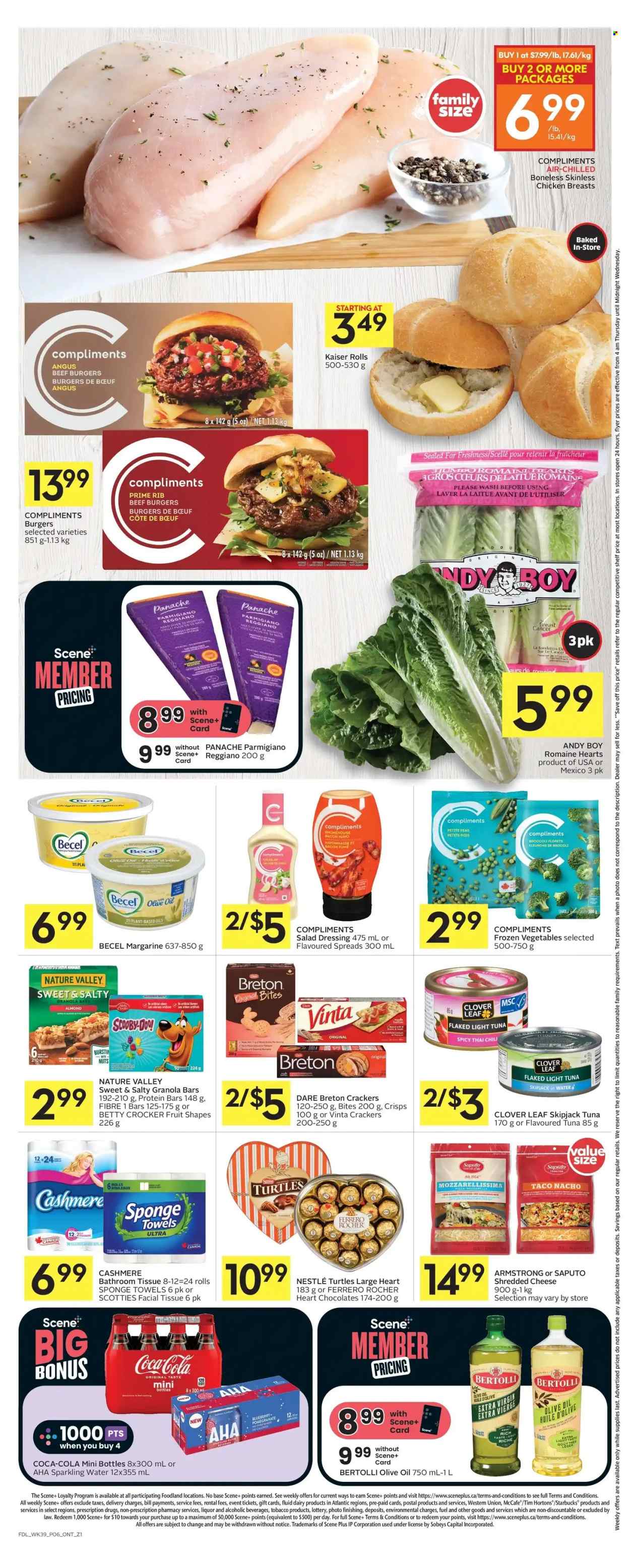 thumbnail - Foodland Flyer - January 26, 2023 - February 01, 2023 - Sales products - broccoli, peas, pomegranate, tuna, hamburger, beef burger, Bertolli, bacon, shredded cheese, Parmigiano Reggiano, Clover, margarine, mayonnaise, frozen vegetables, chocolate, crackers, light tuna, protein bar, granola bar, Nature Valley, salad dressing, dressing, extra virgin olive oil, Coca-Cola, sparkling water, Starbucks, McCafe, liquor, chicken breasts, beef meat, bath tissue, turtles, Nestlé, Ferrero Rocher. Page 8.