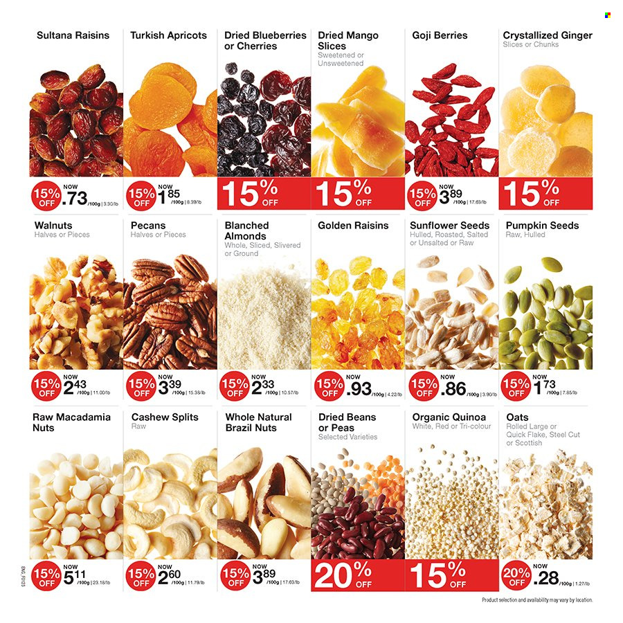 thumbnail - Bulk Barn Flyer - January 26, 2023 - February 12, 2023 - Sales products - beans, ginger, peas, blueberries, cherries, apricots, oats, almonds, macadamia nuts, walnuts, pecans, dried fruit, goji, sunflower seeds, pumpkin seeds, brazil nuts, quinoa, raisins. Page 2.