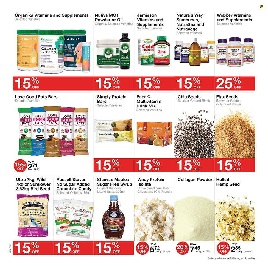 thumbnail - Bulk Barn Flyer - January 26, 2023 - February 12, 2023 - Sales products - chocolate candies, bouillon, protein bar, turmeric, chia seeds, syrup, animal food, bird food, multivitamin, zinc, whey protein. Page 3.