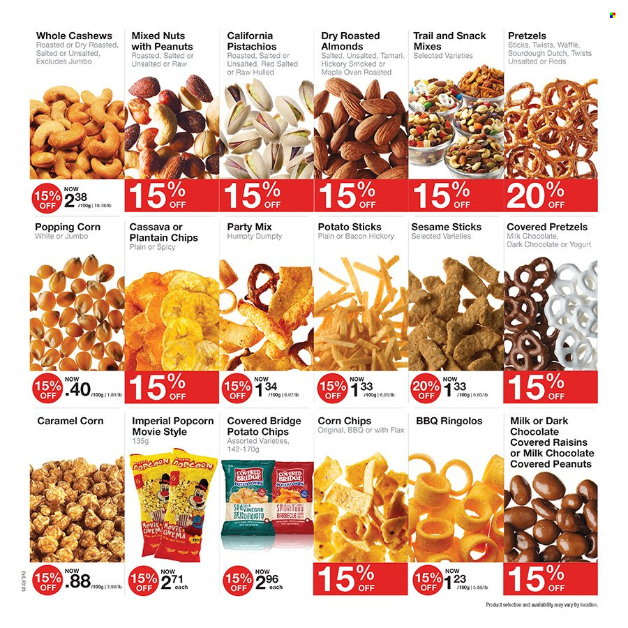 thumbnail - Bulk Barn Flyer - January 26, 2023 - February 12, 2023 - Sales products - pretzels, cassava, bacon, yoghurt, milk chocolate, snack, potato chips, chips, corn chips, popcorn, caramel, almonds, cashews, pistachios, mixed nuts. Page 5.