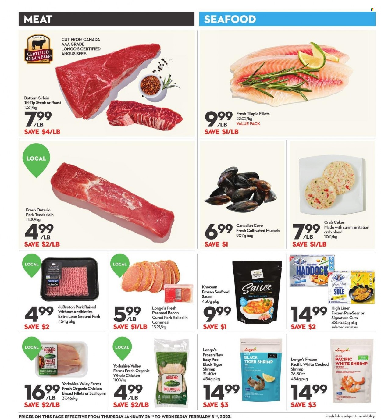 thumbnail - Longo's Flyer - January 26, 2023 - February 08, 2023 - Sales products - mussels, tilapia, haddock, seafood, fish, shrimps, crab cake, sauce, bacon, whole chicken, chicken breasts, chicken, beef meat, ground pork, pork meat, pork tenderloin, bag, steak. Page 5.