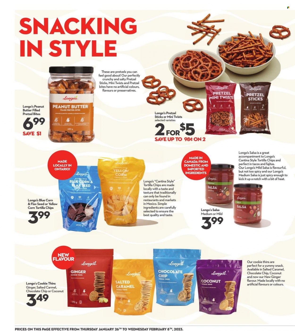 thumbnail - Longo's Flyer - January 26, 2023 - February 08, 2023 - Sales products - pretzels, tacos, ginger, fajita, snack, tortilla chips, chips, Thins, salsa, peanut butter. Page 10.