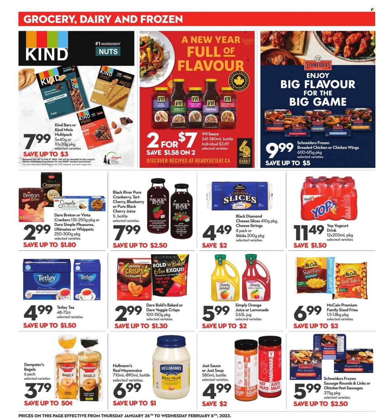 thumbnail - Longo's Flyer - January 26, 2023 - February 08, 2023 - Sales products - bagels, cherries, soup, fried chicken, sausage, sliced cheese, cheddar, cheese, mayonnaise, Hellmann’s, chicken wings, McCain, potato fries, rabbit, chocolate, crackers, dark chocolate, Thins, cinnamon, honey, almonds, lemonade, cherry juice, orange juice, juice, tea, rum. Page 12.