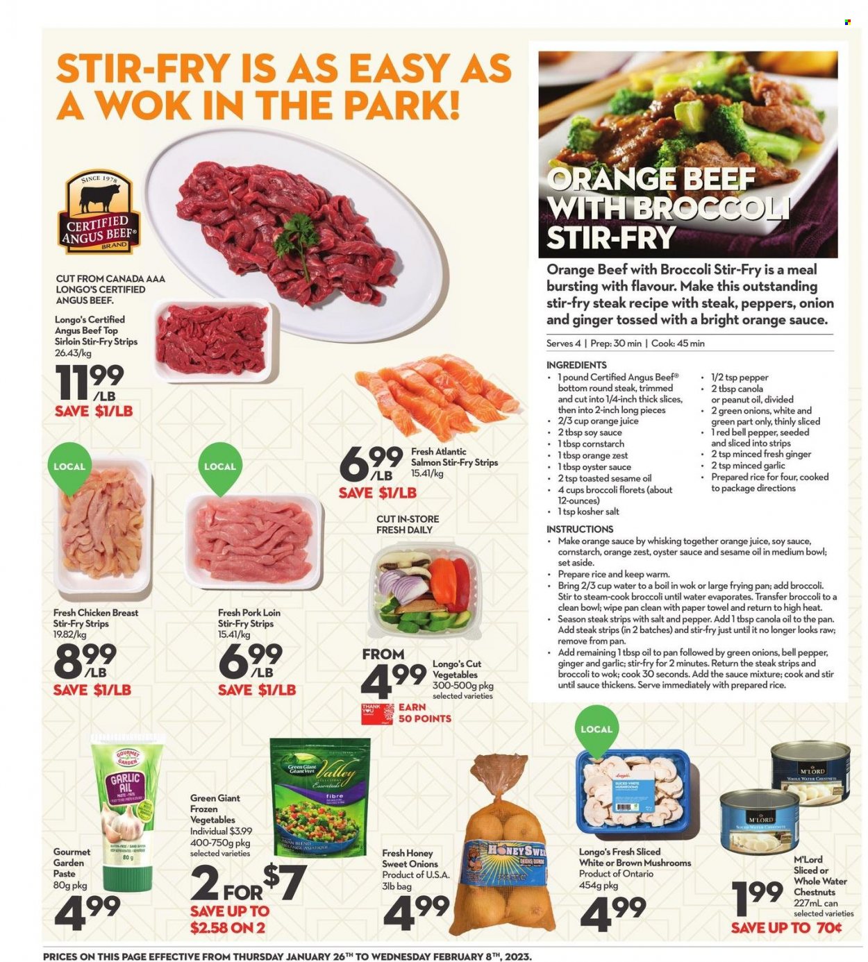 thumbnail - Longo's Flyer - January 26, 2023 - February 08, 2023 - Sales products - ginger, salmon, oysters, frozen vegetables, cornstarch, water chestnuts, rice, soy sauce, oyster sauce, canola oil, sesame oil, peanut oil, honey, orange juice, juice, chicken breasts, chicken, beef meat, round steak, pork loin, pork meat, paper towels, steak. Page 15.