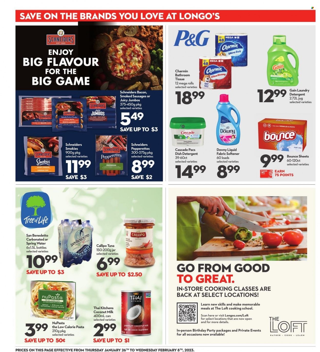 thumbnail - Longo's Flyer - January 26, 2023 - February 08, 2023 - Sales products - tuna, pasta, bacon, sausage, pepperoni, cheddar, coconut milk, spring water, bath tissue, Charmin, Gain, fabric softener, laundry detergent, Bounce, Cascade, Downy Laundry, dishwasher cleaner, detergent. Page 20.