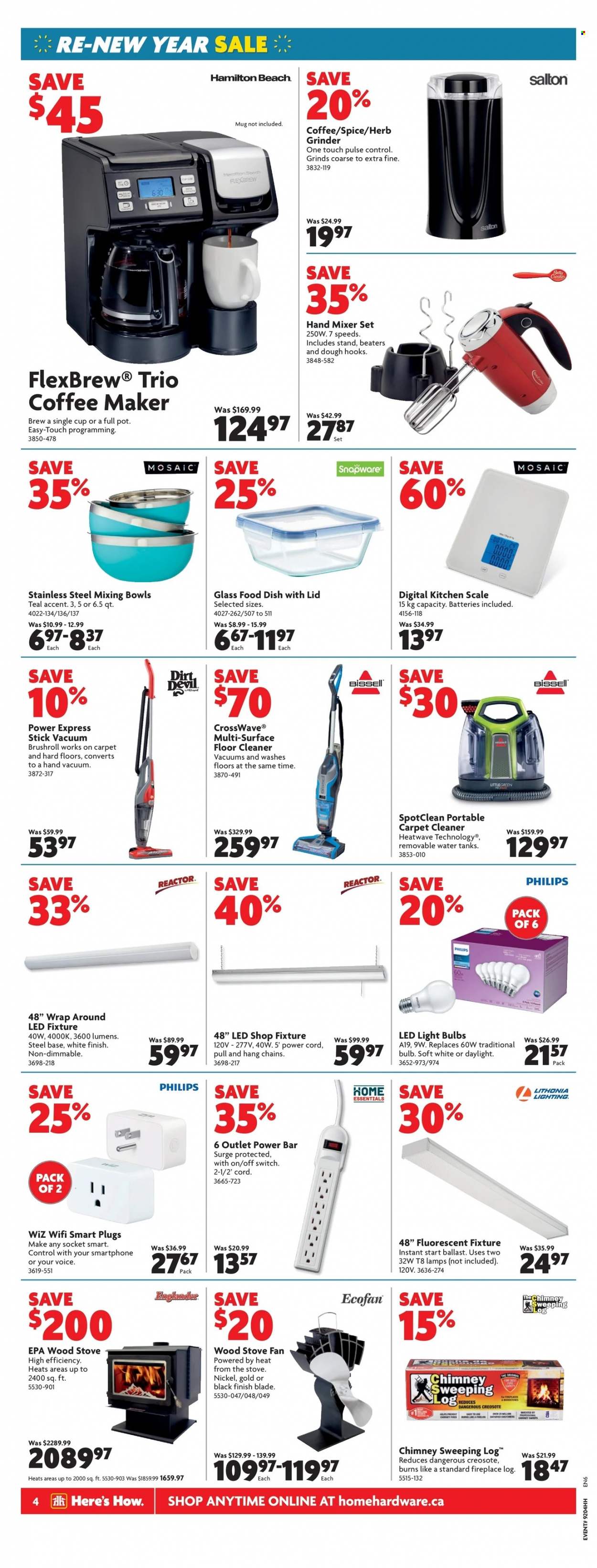 thumbnail - Home Hardware Flyer - January 26, 2023 - February 01, 2023 - Sales products - Philips, scale, cleaner, floor cleaner, coffee machine, Bissell, mixer, hand mixer, grinder, water tank, LED light, lighting, socket, surge, fireplace, tank, pot, herbs. Page 5.