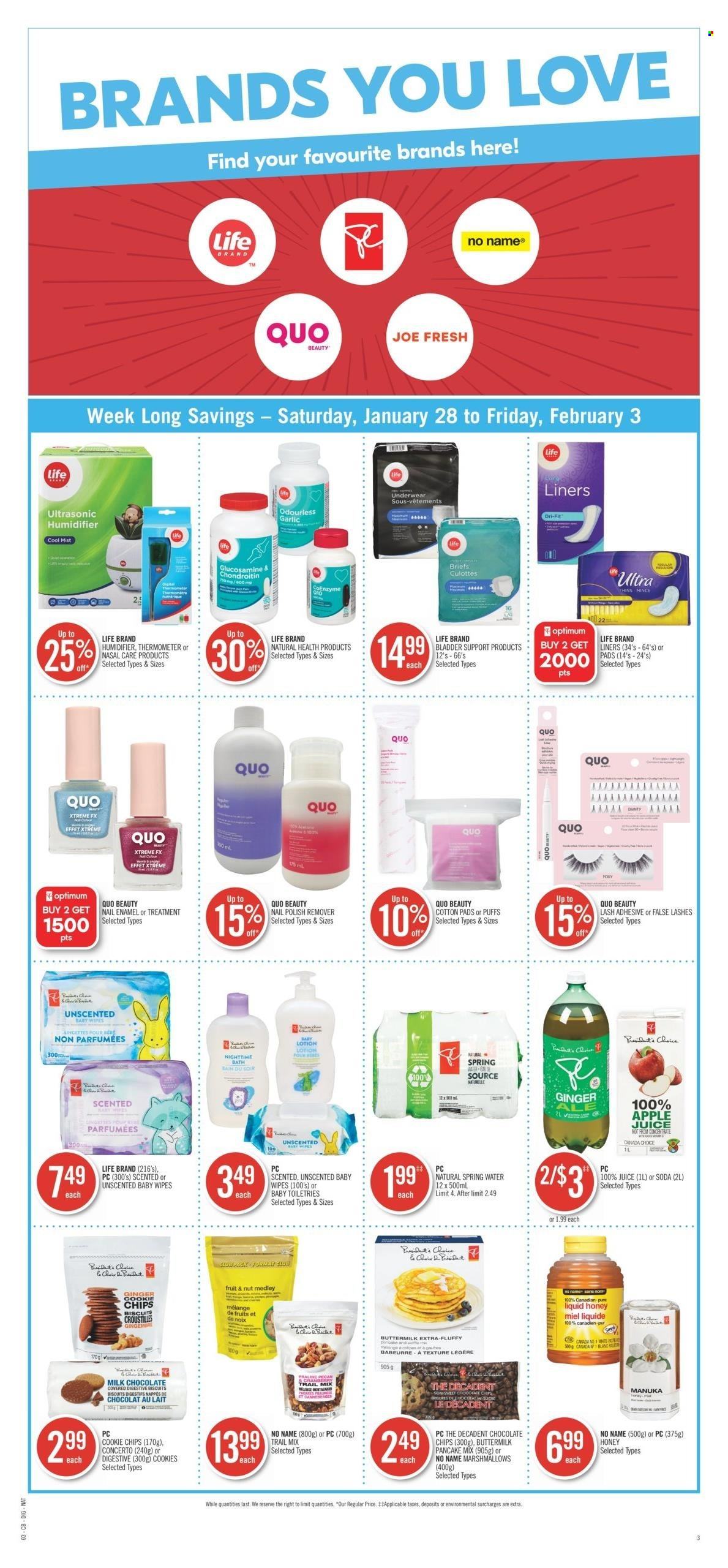 thumbnail - Shoppers Drug Mart Flyer - January 28, 2023 - February 03, 2023 - Sales products - No Name, pancakes, Président, buttermilk, cookies, marshmallows, milk chocolate, biscuit, garlic, puffs, Manuka Honey, trail mix, apple juice, ginger ale, juice, spring water, soda, wipes, baby wipes, body lotion, nail enamel, nail polish remover, thermometer, Optimum, humidifier, glucosamine, underwear, briefs. Page 15.