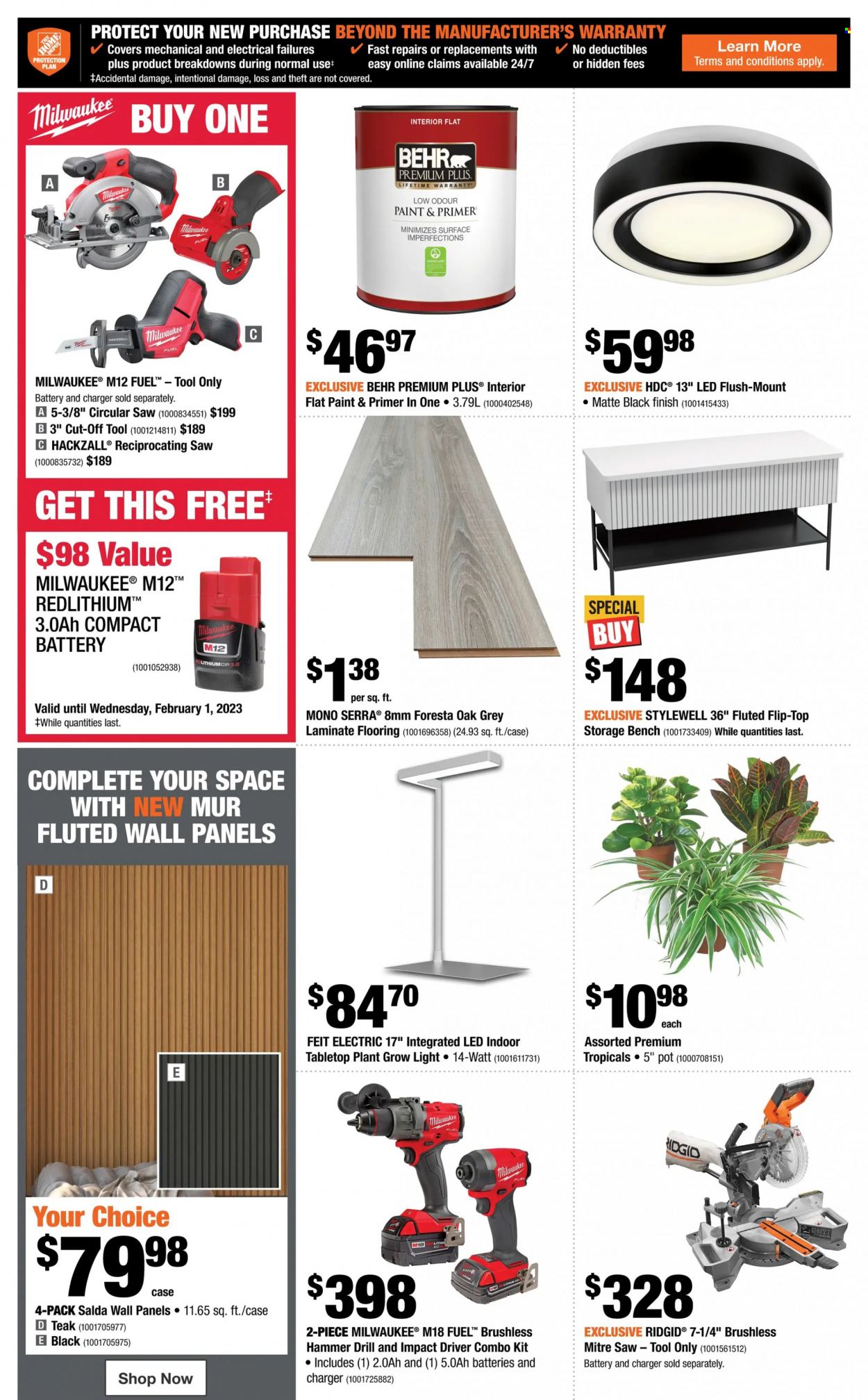 thumbnail - The Home Depot Flyer - January 26, 2023 - February 01, 2023 - Sales products - pot, bench, storage bench, paint, flooring, laminate floor, wall paneling, Milwaukee, drill, impact driver, Ridgid, circular saw, saw, reciprocating saw, combo kit. Page 3.