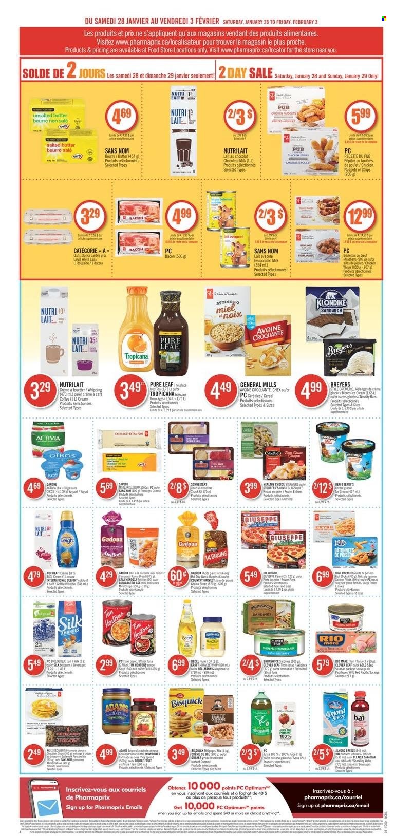 thumbnail - Pharmaprix Flyer - January 28, 2023 - February 03, 2023 - Sales products - bagels, bread, Ace, salmon, sardines, fish, fish fingers, fish sticks, hot dog, meatballs, sandwich, soup, nuggets, chicken nuggets, Quaker, Healthy Choice, Kraft®, bacon, Dr. Oetker, Clover, Activia, evaporated milk, Silk, Almond Breeze, eggs, salted butter, mayonnaise, Miracle Whip, Hellmann’s, ice cream, Ben & Jerry's, Country Harvest, chicken wings, strips, chicken strips, Stouffer's, milk chocolate, Bisquick, cereals, dried fruit, juice, Bai, soda, tea, Pure Leaf, Optimum, raisins, Danone. Page 3.