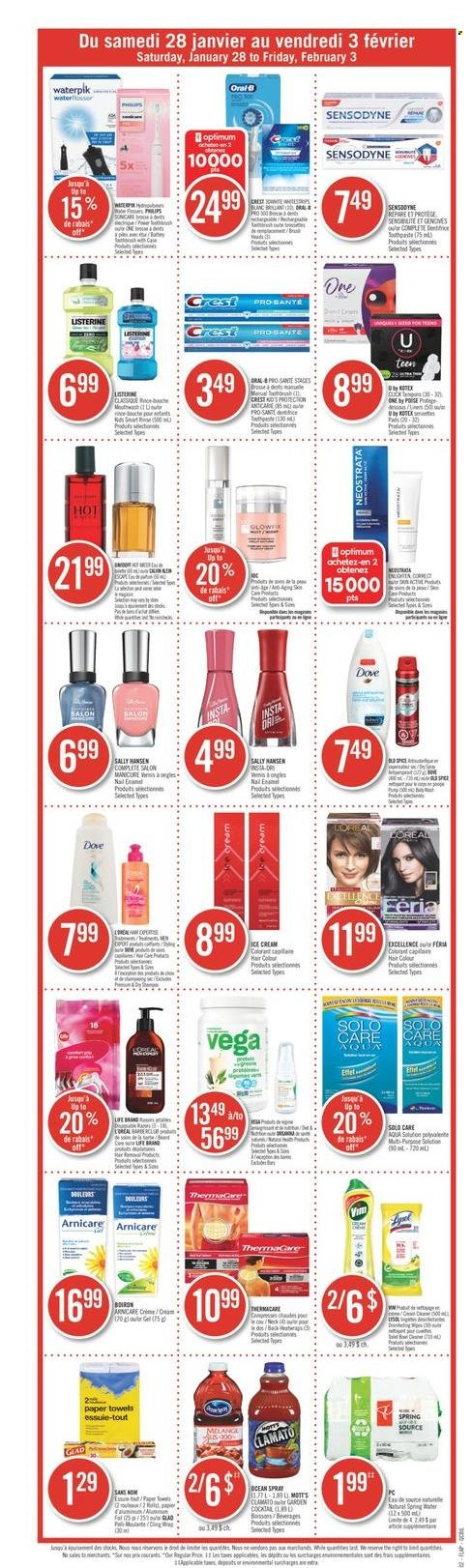 thumbnail - Pharmaprix Flyer - January 28, 2023 - February 03, 2023 - Sales products - Philips, Mott's, ice cream, Dove, spice, Clamato, spring water, kitchen towels, paper towels, mouthwash, Crest, Kotex, Kotex pads, L’Oréal, hair color, manicure, nail enamel, Optimum, Sonicare, Thermacare, Boiron, Listerine, Sally Hansen, Old Spice, Oral-B, Sensodyne. Page 15.